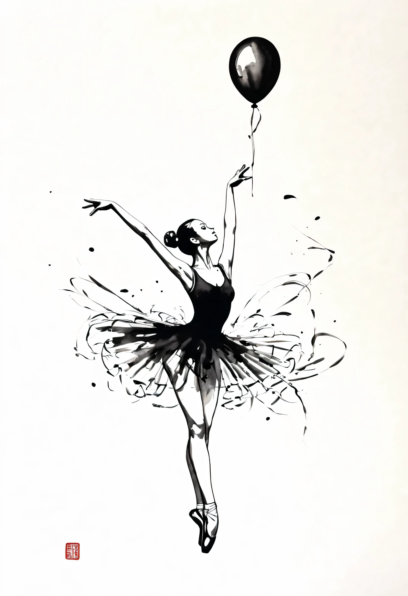 ink画：One stroke drawing of ballerina girl，Slender and straight figure，limb extension，Wrap gymnastics ribbon，fluttering streamers，Outline with black ink，smooth lines，inksoil出层层的裙子，multi-layer，The ink on the skirt fell out with force，form an arc，Displays characters&#39; Express expressions and postures through ink contrast，Simple background，Emphasis on light, shadow and space。ink，soil，sketch，grace，