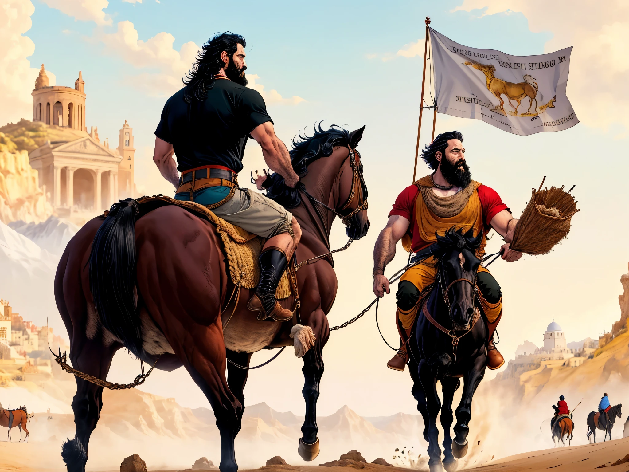 There is an adult man with a beard and black hair, montado em um cavalo. There's a king pulling the horse. In the background there are many people looking. biblical costumes. biblical style. Biblical scenario.