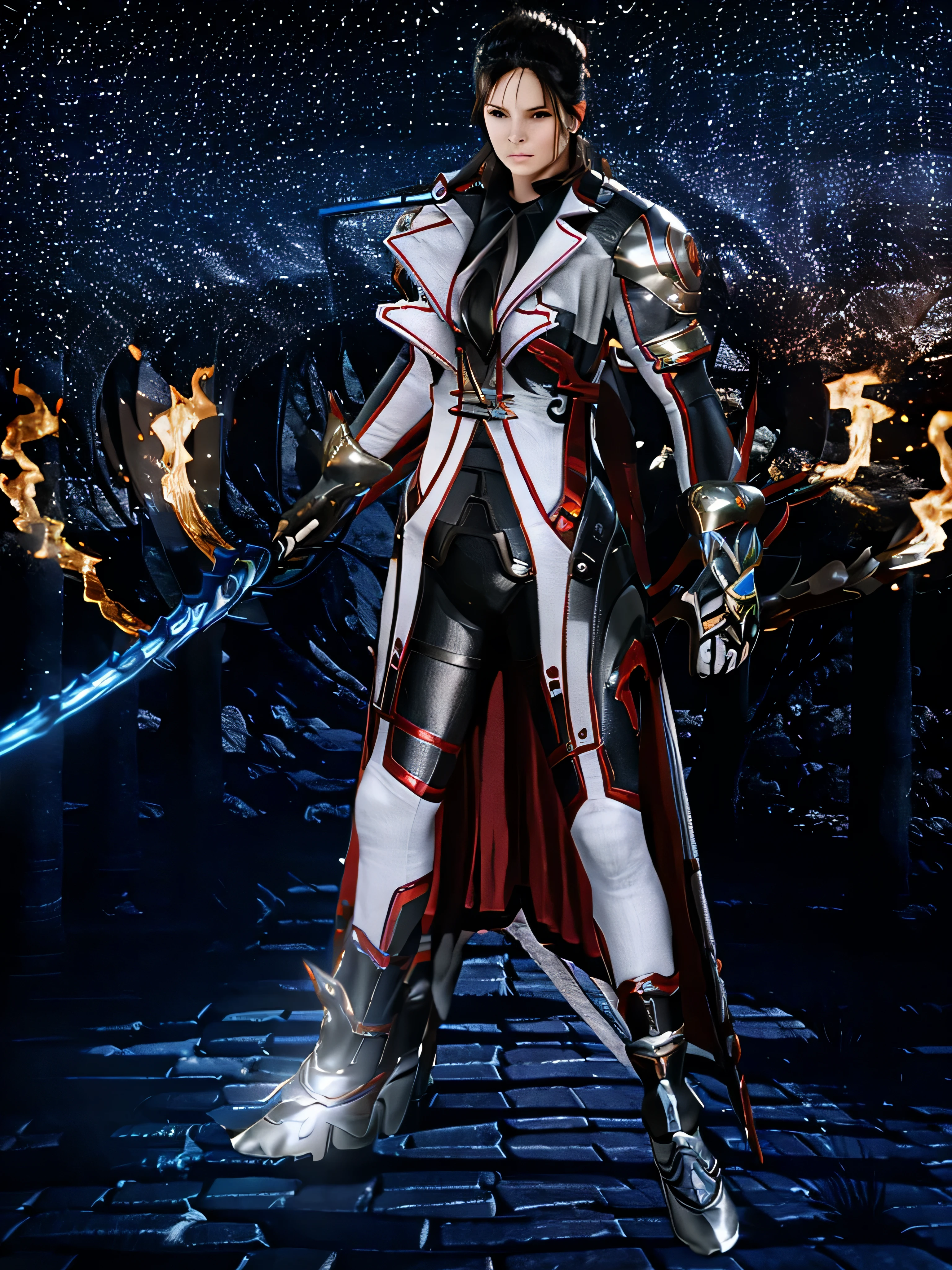 In the middle of a chaotic battlefield, a wizard stands with his arms outstretched, casting a spell that creates a fire shield to protect your allies. O Assistente&#39;His eyes shine with determination as he leads his comrades to victory.