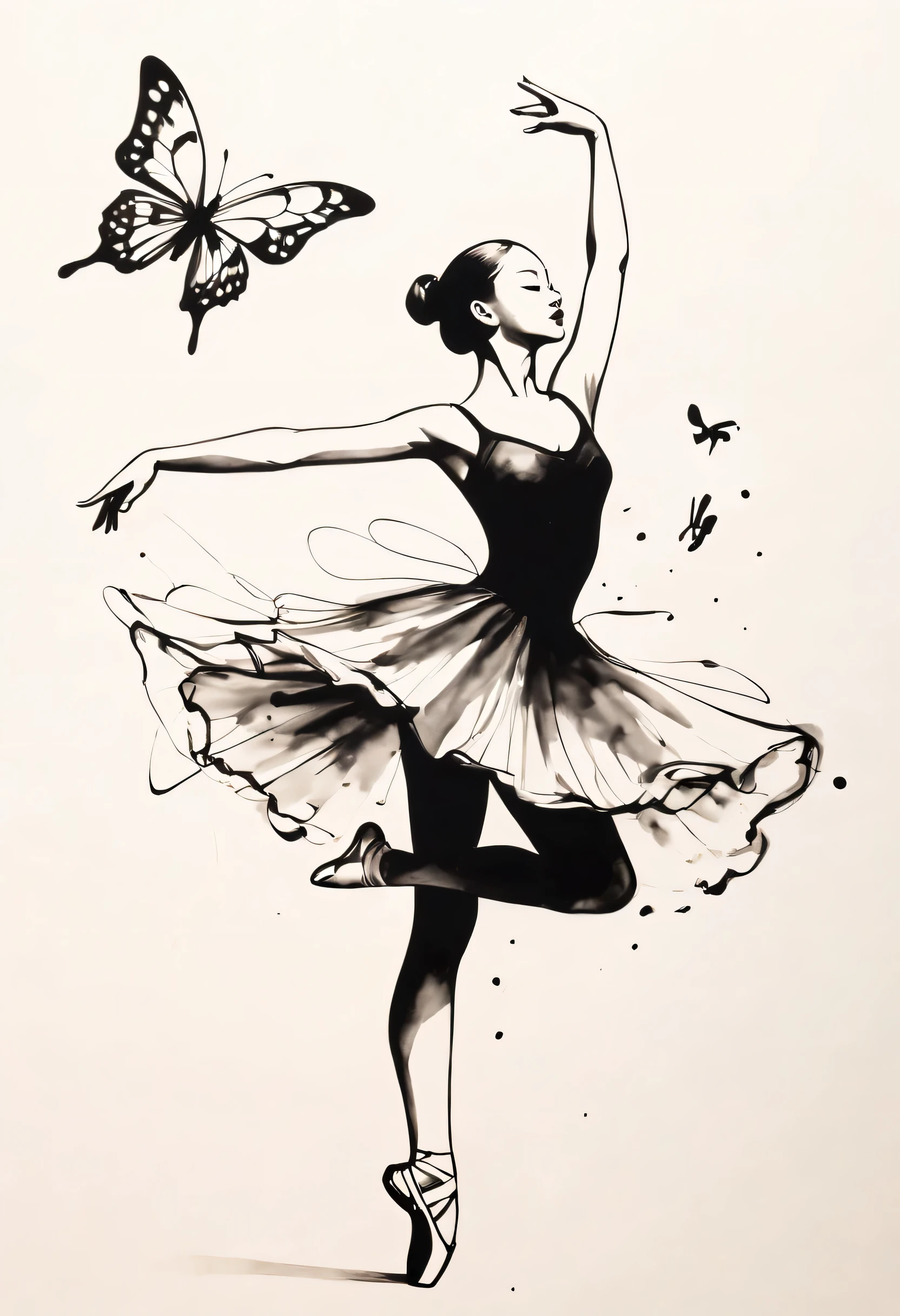 ink画：One stroke drawing of ballerina girl，Outline with black ink，smooth lines，inksoil出层层的裙子，multi-layer，A butterfly dances。Displays characters&#39; Express expressions and postures through ink contrast，Simple background，Emphasis on light, shadow and space。ink，soil，sketch，grace。inksoil背景，Water marks，loopy