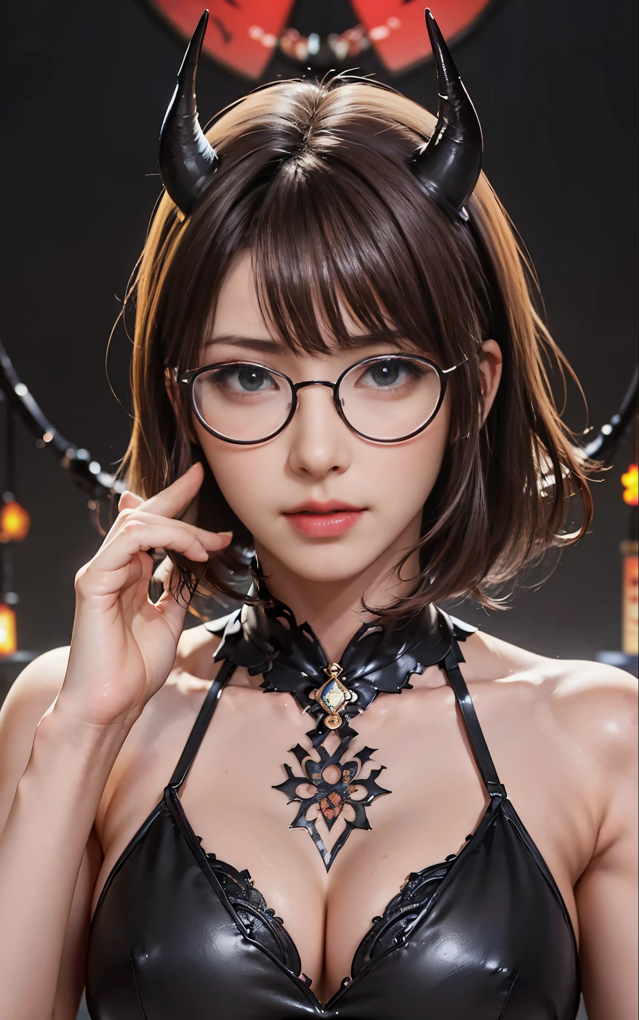 Are you okayですかですか、(best illustrations)、8k UHD resolution、intricate details、highest quality、realistic、Super detailed、best lighting、best shadows、soft lighting、Ultra HD、超realistic、Tyndall effect、Photoreal、(high detail skin:1.2)、 (intricate details, compensate, face to face with the children_v1:0.5), (Are you okay, beautiful and delicate face, Are you okayですか, beautiful and delicate eyes, perfectly proportioned face, high resolution skins, fine skin, Optimal ratio of 4 fingers and 1 thumb, arm under chest, red tattoo on lower abdomen、wow wow, wide hips, smooth abdomen, thin and thin skin, __fashion__, __hair__:1.25)、Digital single-lens reflex camera、 absurd、(table top: 1.3), (maximum resolution: 1.2), (Ultra HDTV: 1.2), cinematic light, fine eyes and skin, detailed facial features, , (sharp focus: 1.2）, (focus on face:1.2),perfect style, beautiful face, acura, anatomically correct, Highly detailed face and skin texture, fine eyes, double eyelid, thin eyebrows, glitter eyeliner: 1 natural cheeks, Glossy skin, Fair skin: 1.2, (glossy lips: 1.4),(embarrassed look: 1.2),Highly detailed face and skin texture, fine eyes, double eyelid, natural cheeks,  glossy lips: 1.4,exposed cleavage、Bewitching。Charm、 地獄から来た美しいdevilの女性, Surreal female portraits by David Hockney and Alphonse Mucha, Charm女性の肖像画、fantasy art, chinese doll、Chinese actress、dungeon、dragon、devil&#39;Palace of、devil&#39;torture chamber、night、dark style 、in the dark、(detailed spooky background:0.8), magic、 1 girl、evil nun、dark necromancer、Succubus、devil&#39;Daughter of、Shinonome Umi、bat wings，(((devil&#39;Horn)))、 ((((giant glasses, otaku glasses, thick glasses, round glasses)))),(((big breasts)))、(devil&#39;Tail)、(red eyesは光り輝いて:1.6)、red eyesは非常に鮮明で詳細です, Your eyes are made up so beautifully, ((red eyes:1.0)),intricate tattoo, demonic intricate tattoo, Tattoo on the thigh, body tattoo, masterpiece、最もbeautiful face、baby face、cute smile、beautiful plump red lips、筋肉のCharm体、devilのCharm体、devil style、Charmブラックマジックコスチューム、The long-haired、Braid、Black hair、Ponytail distortion、, Ponytail with a bow tied at the back of the hair, beautiful expression、body up、big breasts強調、bust,  super tight chest, Breast augmentation surgery, The chest is very large and round,tight waist、wide ass、 private key, cowboy lens, (Black Phoenix Dress: 1.0),  devil crown,  red sparkling gemstone necklace、Jewelry G Wise,  Please wear black mesh socks,Wearing light red、nffsw, nffsw, meet beautiful girls, looking at girl&#39;body of, (upper body portrait), Protagonist Close-up, 