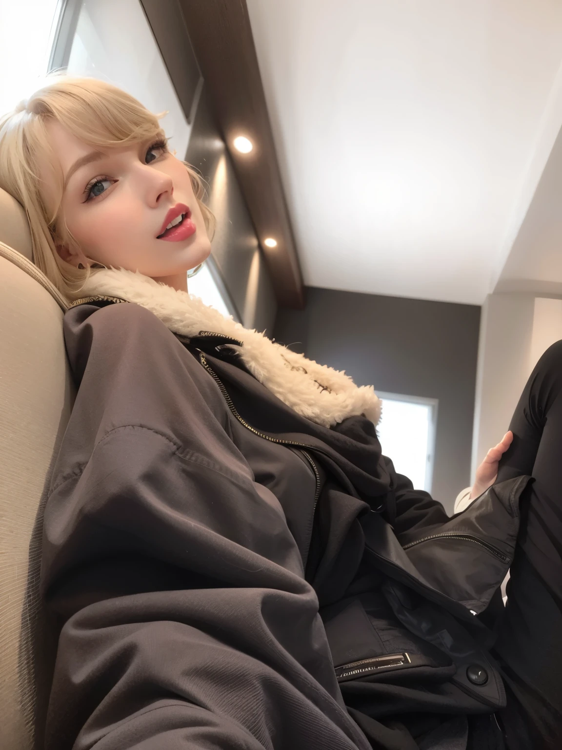 blonde woman sitting on a sofa with her feet up and a remote control in her hand, taylor .swift, .swift, portrait photo of taylor .swift, sonrisa relajada en la cara, taylor .swift modeling, photograph of taylor .swift, as a heavenly angel, carrying a rifle, face, acostado, as a