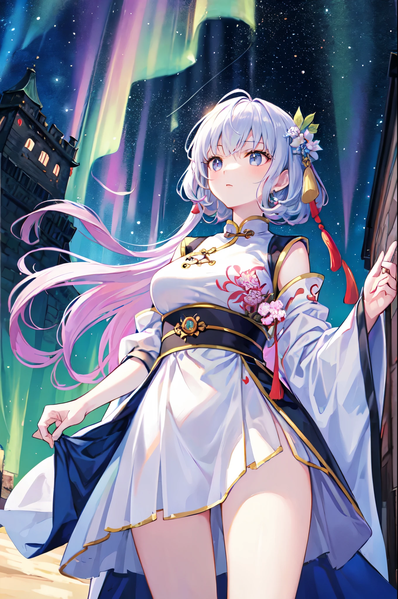 (masterpiece)、(highest quality)、((Super detailed))、(super delicate)、naughty chinese princess、Pastel colors hair、beautiful breasts、gorgeous castle、Fantastic starry sky、aurora、look up from below