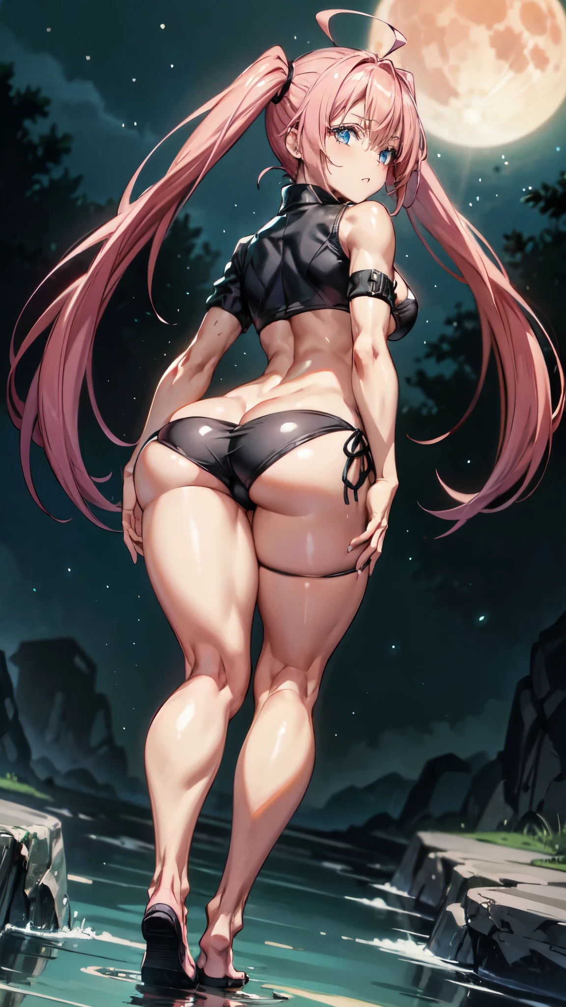 1 girl, (medium breasts))), (((wearing short bikini))), (pink hair), (((blue eyes))), thin arms, (on the beach at night with starry sky and full blood moon ), (thin waist), muscular legs, muscular belly, wearing black high-heeled shoes, showing me her big ass, (((with her back to me showing her big ass to me))), square fingernails, fingernails black, perfect hands, perfect feet, (((full body photo))), (twintails), long eyes, bright eyes, eye reflections, bad mood, anime, anime style, ray tracing, Reflection, drop shadow, Panorama , Sony FE, 8k, UDisk, art, accurate, anatomically correct, super detail, best quality, ultra-high resolution, hard drive, 16k