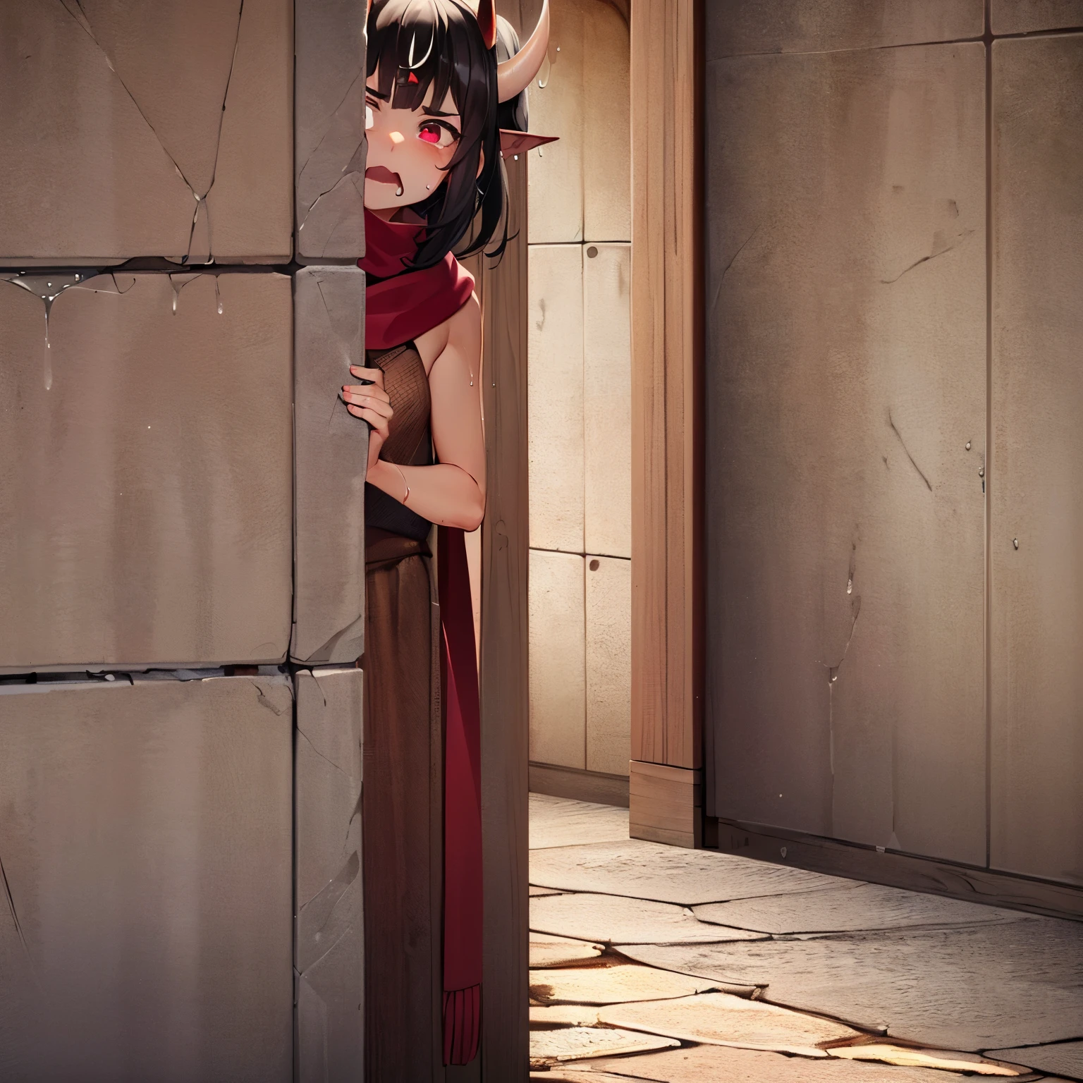 masterpiece, best quality, ultra high res, 8k, perfect anatomy, extremely detailed, game cg, (wide shot:1.3), 3D, full body
BREAK
(((((perfect body:1.4), (((perfect face:1.4))), (perfect limbs:1.4))))),
BREAK
((1 oni girl:1.2)), ((kawaii:1.3)), ((:1.1)), ((oni horns:1.2)), ((black hair, red inner hair)), ((medium bob cut:1.2), ((hairs between eyes:1.2)), ((detailed red eyes)), (((watery eyes:1.4)), ((uneasy:1.3))),
BREAK
((((peeking out face:1.4)), ((hiding:1.4)), ((The oni girl is hiding behind a wall:1.4)))),
((wall in a medieval Japanese fantasy world:1.2)),
BREAK
(((wearing Japanese clothes:1.4)), ((long red scarf:1.4))),