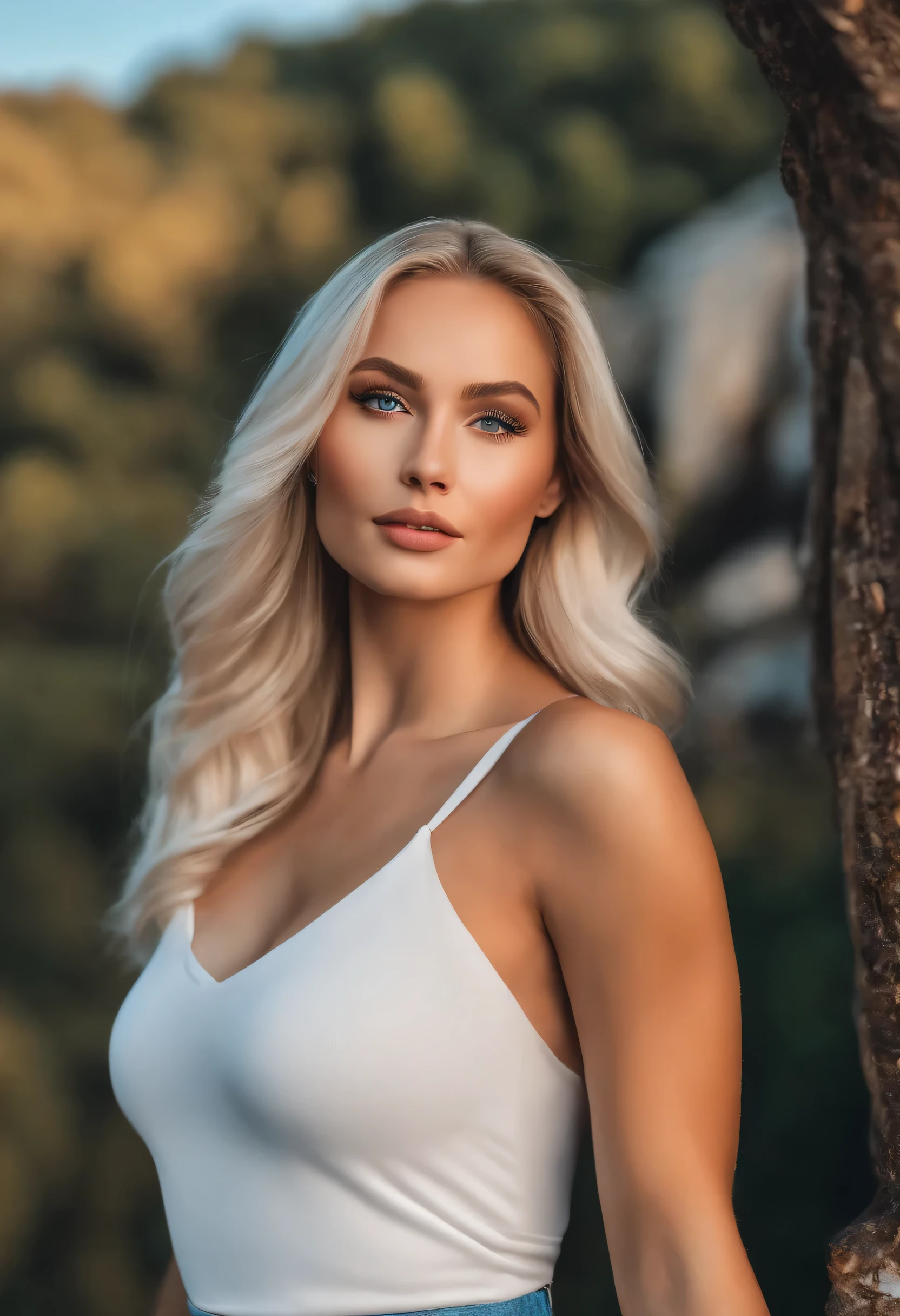 Realistic white female Instagram influencer, Best quality, Blonde, 1 girl, Blue eyes, White tight skirt