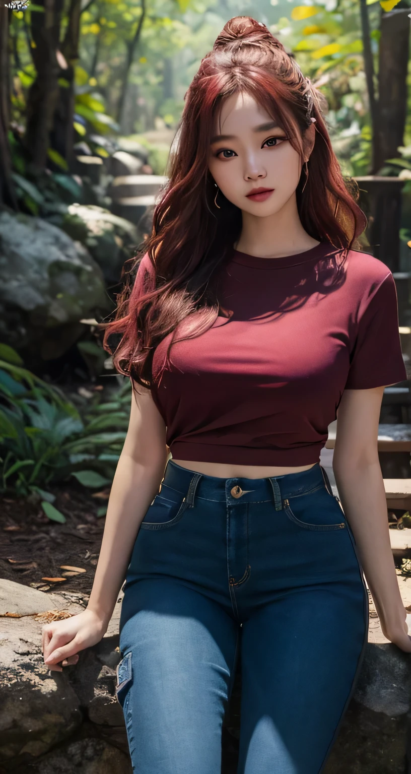 Best Quality Detail:1.2, realisitic, 8K UHD, hight resolution, 1girl in:1.2, The ultra-detailliert, High quality textures, intricate detailes, detaileds, Very detailed CG, High quality shadows, Detail Beautiful delicate face, Detail Beautiful delicate eyes, depth of fields, Ray traching, masterpiece, best quality,ulzzang -6500-v1.1:0.6, pureerosface_v1, Pretty Kpop Girl, Korean Urzan Face:1.1, milf, 28 year old woman,long neon red hair,shiny_skin,thin_waist,huge breasts, pink shirt and long cargo pants,socks,nike shoes, night, 4K 8K UHD Full Color RAW Photos, Fuji Film(Medium format:1.2), Hasselblad:1.2, Carl zeiss:1.1, Incredible dynamic range photography(UTIL_Art by Smoose-768:1.1), hight resolution, High pixel count, clear details, crisp image, Natural color reproduction, Noise Reduction, High fidelity, qulity, Software Improvements, Upscaling, Optimized algorithms, Pro-level retouching,crowd:1.1,depth of field,looking at viewer,random pose at the forest haven residence ,random pose, forest haven residence atmosphere,