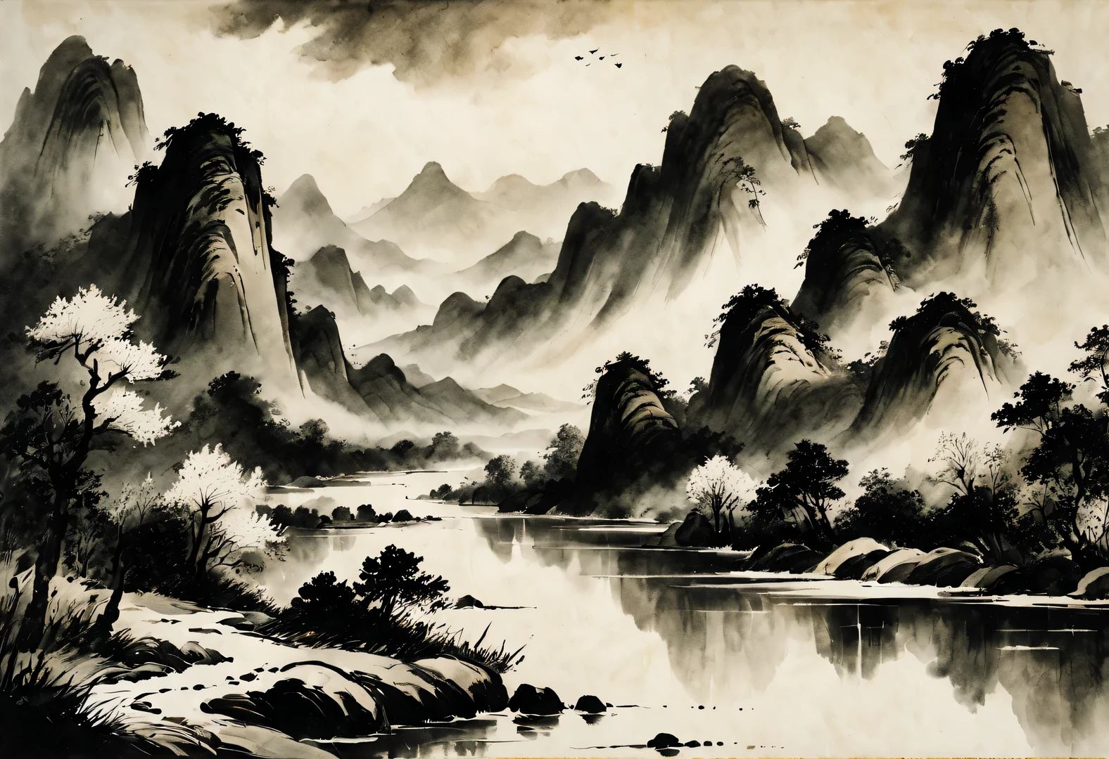 《Thousands of miles of rivers and mountains map》：This work is one of Wang Ximeng’s representative works, Northern Song Dynasty painter.。it depicts china&#39;Gongbi landscape，Showcasing vast territory and magnificent natural landscapes, Ink colors and blanks：Ink painting uses Ink colors and blanks as the main expression techniques。The artist uses different shades of ink and leaves blank areas，Create a rich sense of layering and space，Ink painting emphasizes the expression of lines，Lines play a role in connecting the front and back in the painting..、The role of decoration。The use of lines can not only express the morphological characteristics of the subject，It can also convey the artist’s emotions and artistic conception..，Ink painting pursues vivid expression of verve，Emphasize the vividness and emotional expression of the picture。The artist uses unique brushwork，Let the picture flow、variety and rhythm，Convey the artist’s emotions and artistic conception。