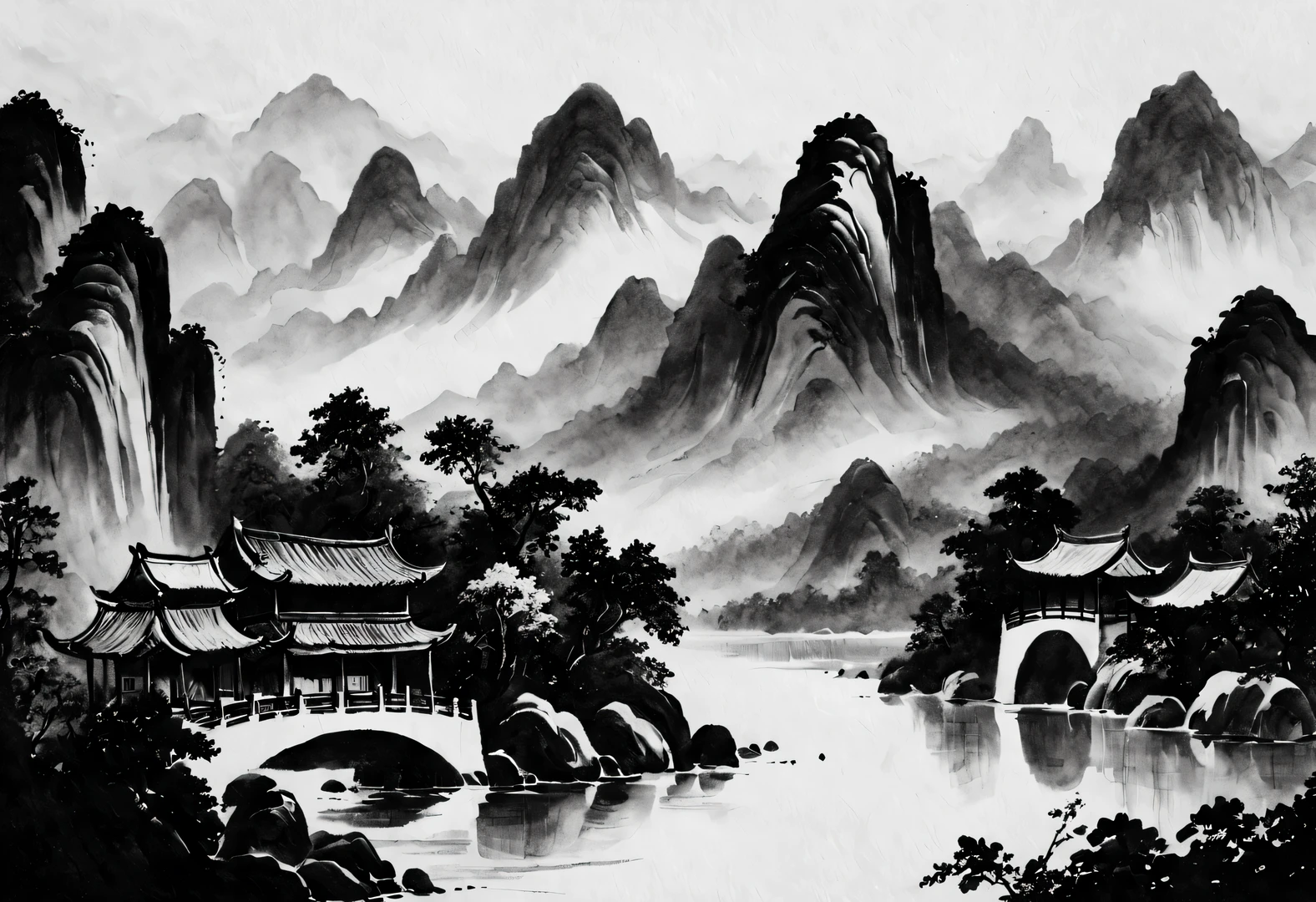 pen and ink art style, ink painting, line art, Ordinary novel, black and white, White background, colorless, HD, ycbcr, 12 bits, Crazy Details and Complexity, Super maximized, elegant, Gorgeous, Surrealism, super detailed
《Fuchun Mountain Residence Map》，Fuchun Mountain Residence Map》The picture is made of light and elegant ink，The mountains and water are arranged in a dense and dense manner，Using wet and dry ink tones，very changeable。His artistic achievements are unique among traditional Chinese landscape paintings..，is known as the pinnacle of Chinese landscape painting。是元代画家黄公望于1350年创作的纸本ink painting，is known as the &Quote;Orchid Pavilion in the painting&Quote;、&Quote;No. Representative works of Chinese landscape painting 1&Quote;。This painting takes the Fuchun River in Zhejiang as the background，It is the representative work of Huang Gongwang in his later years..，Enjoys high reputation in traditional Chinese landscape painting。