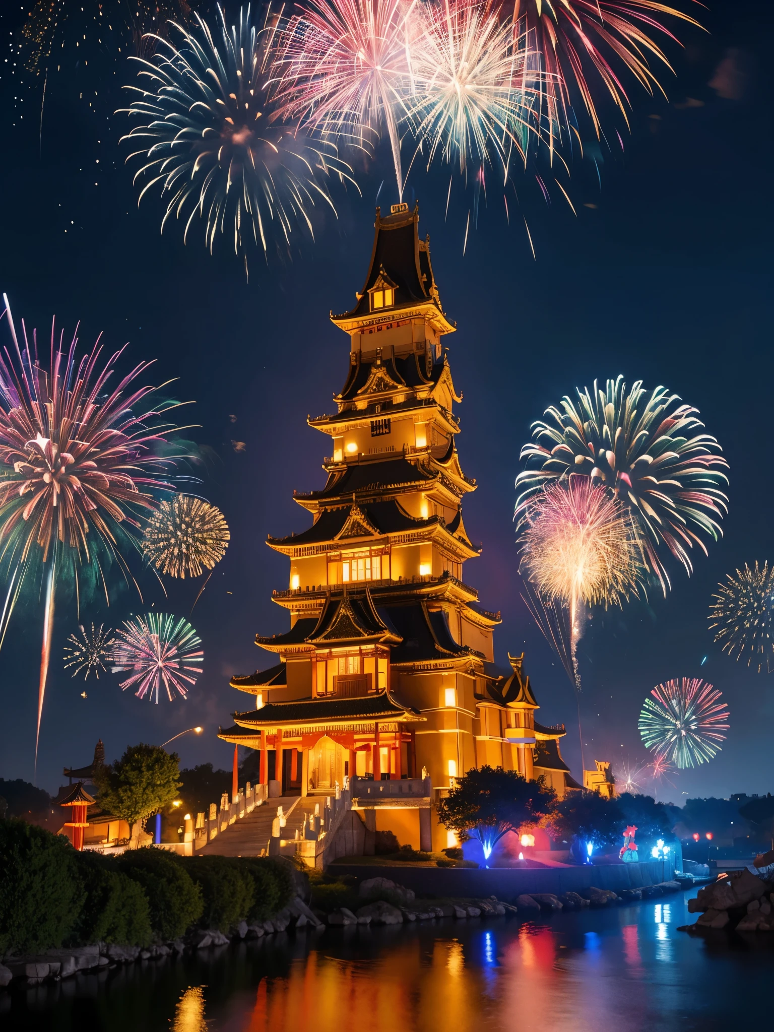 Chinese dragon shaped castle with fireworks,Colorful fireworks,colorful,Nice chateau,ultra high definition,8k