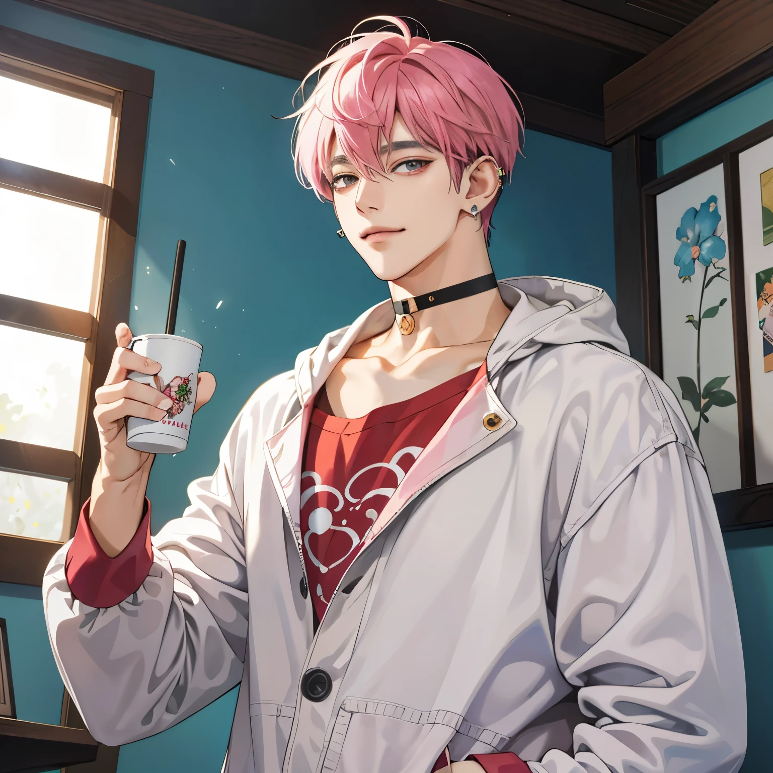 Guviz-style artwork, anime realism style, realistic anime art style, Inspired by Kim Taehyung, In an anime style, anime handsome man, dark pink hair、A sloppy smile、choker、Multiple piercings、Man with short hair、One man、gray eyes、room、暖かいroom、hold a hot drink in both hands、upward glance、Multiple piercings、Roomwear、upward glanceでこちらを見上げる、relaxed atmosphere、Inspired by Kim Taehyung、calm atmosphere