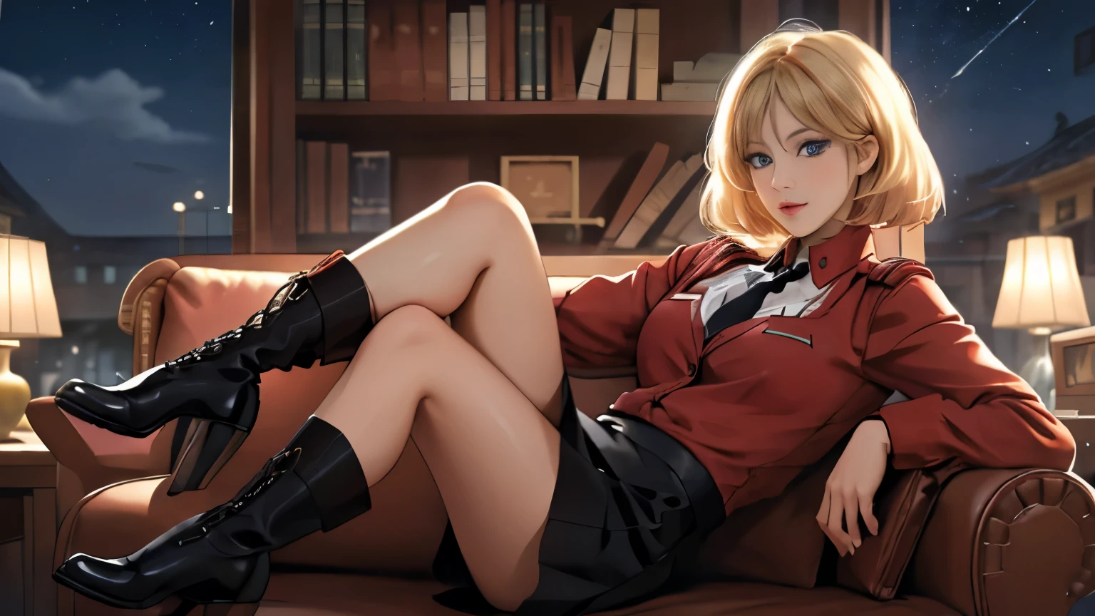 （full-body shot），Sitting on the sofa，Lift your feet，Focus on thighs and feet、一个Smile、sit on the chair、legs crossed、knees up,（Brown long high heel riding boots）black，short skirt， blonde short hair ,blue eyes,lipstick, long hair, 1 girl, 20 years,young women,beautiful Finger,beautiful long legs,beautiful body,beautiful Nose,beautiful character design, perfect eyes, perfect face,expressive eyes, looking at the audience, in the center of the image,(Light_Smile:0.5), official art,Extremely detailed CG unified 8k wallpaper, perfect Lighting,rich and colorful,灯Light,有Light泽的皮肤, (masterpiece:1.0),(the best_quality:1.0), 超high resolution,4K,super detailed, photography, 8k, human development report, high resolution, ridiculous:1.2,, film grain, blurred background, Bokeh:1.2, 镜头Light晕, (Energetic_color:1.2) (beautiful,Big deal_:1.0),(narrow_waist)Full body sitting, wear, elite, velvet, deep Purple, small tie. he himself, boss, momentum, Full HD, ......International Organization for Standardization, Law office with modern design furniture, 包括black和灰色皮革软垫红色扶手椅, Tempe red glass coffee table with chrome base, 实木会议桌搭配black皮椅, There is Lomo a built-in bookcase，Inside there are law books bound in brown leather. ?" 其 11 叶片圆形Light圈和 XA 镜头元件一起提供了漂亮的Bokeh效果. Lomo, 镜头配备Light圈环，You can switch between no-click and no-click actions, a dust and moisture resistant design, and four XD linear autofocus motors，Provides fast and accurate autofocus and tracking. 这款镜头为索尼photography师提供了出色的人像拍摄工具, night view, 和一般photography."