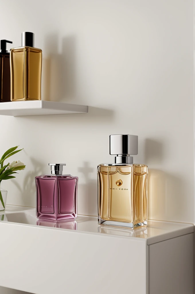 A perfume Bottle on a bathroom shelf, wide angle view, like a magazine ad.