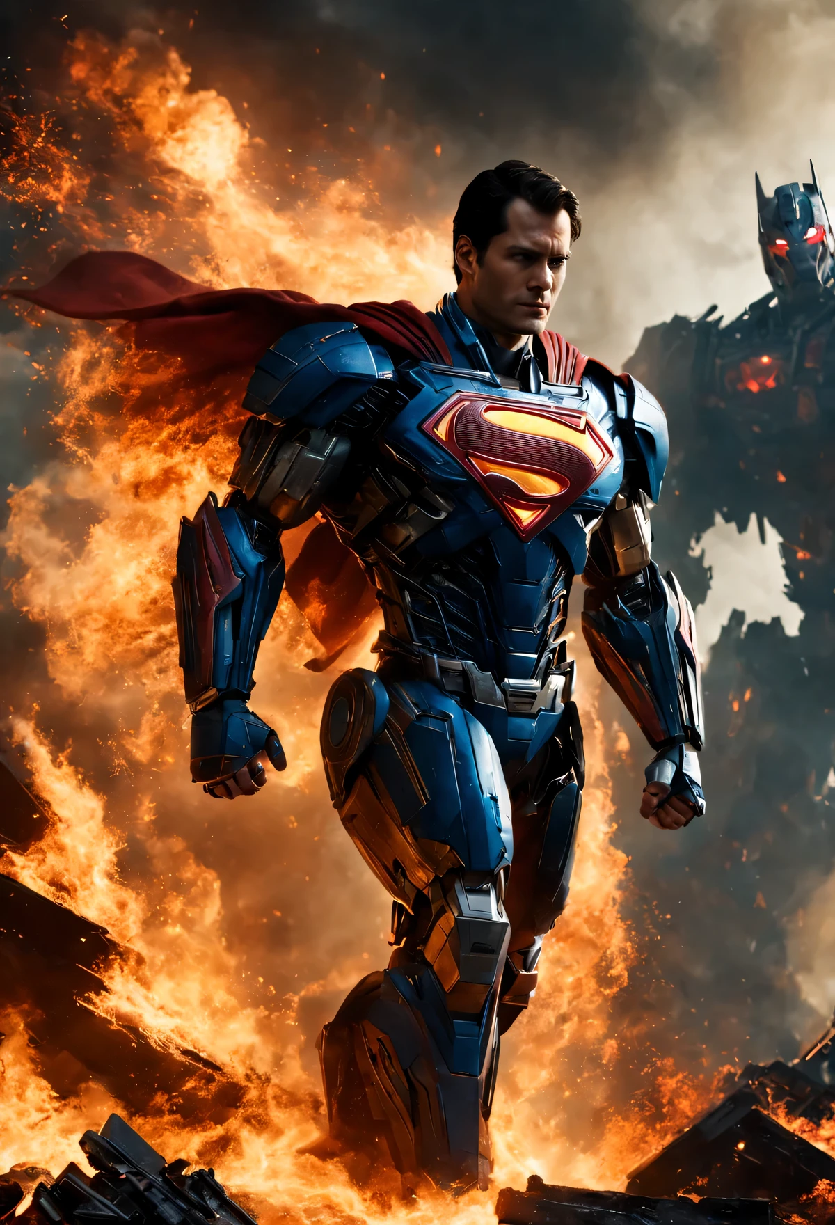 a close up of a superman standing in front of a fire, transformers cinematic universe, wojtek fus, hq 4k wallpaper, transformers : the last knight, in the movie transformers, thertrevkaiser, Henry Cavill as superman, artstation masterpiece, super robot, superman fused with optimus prime, japanese dc live-action movie, hd wallpaper, inspired by Zack Snyder, Night sky with a huge and beautiful full moon, estrelas brilhando, 8k,