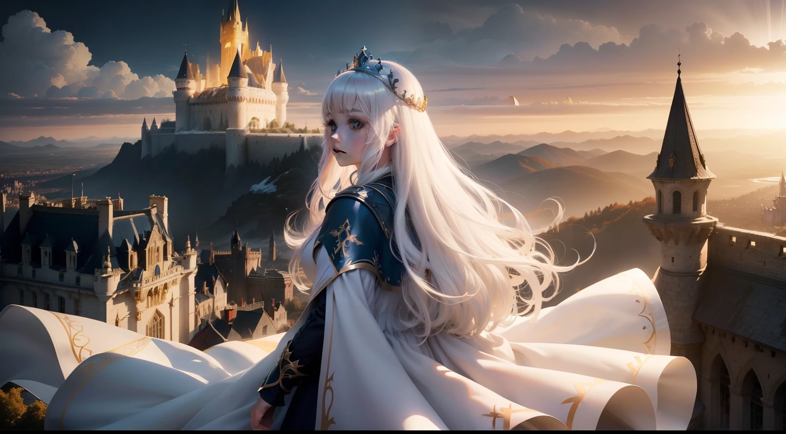 1girl,solo,(beutiful light shadow),hair white,crown queen hair,god cape,magic,view castle (behind),rise,a world of light and shadow,fantasy