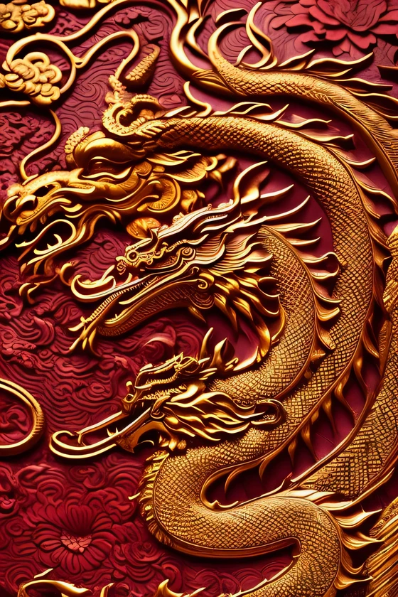 (Mejor calidad,high resolution,obra maestra:1.2),Detailed dragon in gold tone on red background., Chinese allegories and Chinese decorations., Elementos chinos tradicionales, Colores vibrantes, Patrones intrincados, Estilo de arte oriental, dramatic lighting