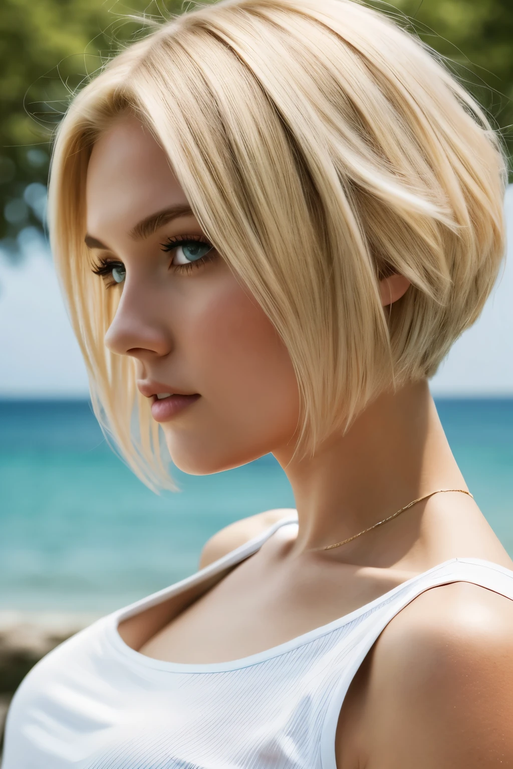 1 girl, Alter 19, short hair, huge , view audience, welliges blonde hair, bare shoulders, jewelry, (Highly detailed 8K wallpaper), soft light, high quality, sharp focus, sharp focus, (Natural light), (fascinating), tight t-shirt, realistic, sexy