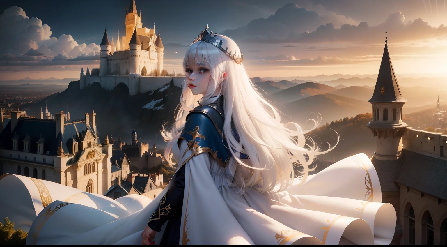 1girl,solo,(beutiful light shadow),hair white,crown queen hair,god cape,magic,view castle (behind),rise,a world of light and shadow,fantasy