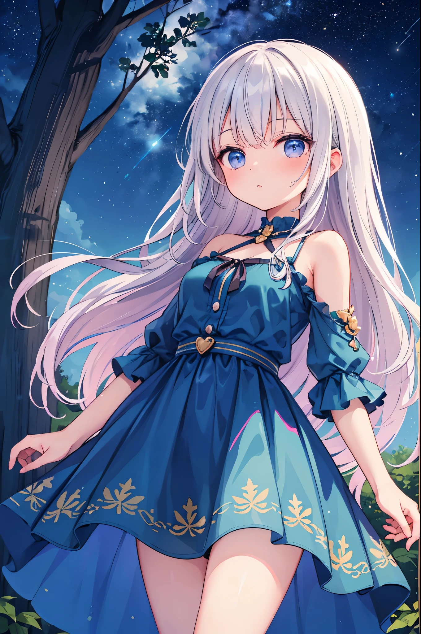 （masterpiece）、(highest quality)、((Super detailed))、(super delicate)、cute、Pastel colors hair、beautiful breasts、Gorgeous、Fantastic forest and starry sky、Golden, silver, and deep blue dress、look up from below