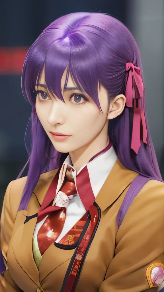 anime girl with purple hair and a brown jacket and red tie, misato katsuragi, anime style like fate/stay night, iwakura lain, anime girl named lucy, anime moe artstyle, rei hiroe, reisen udongein inaba, close up iwakura lain, as an anime character, she has purple hair