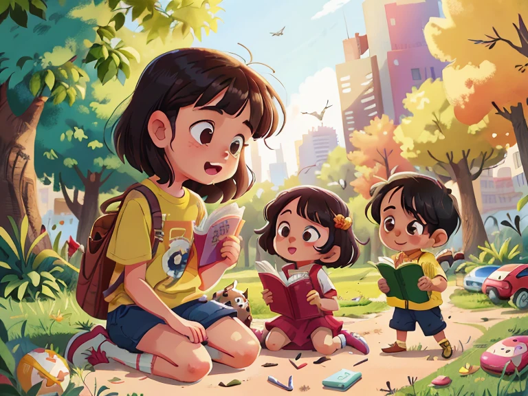 2 girls,one boy,playing at the park,dark hair,books,toys,lot of fun