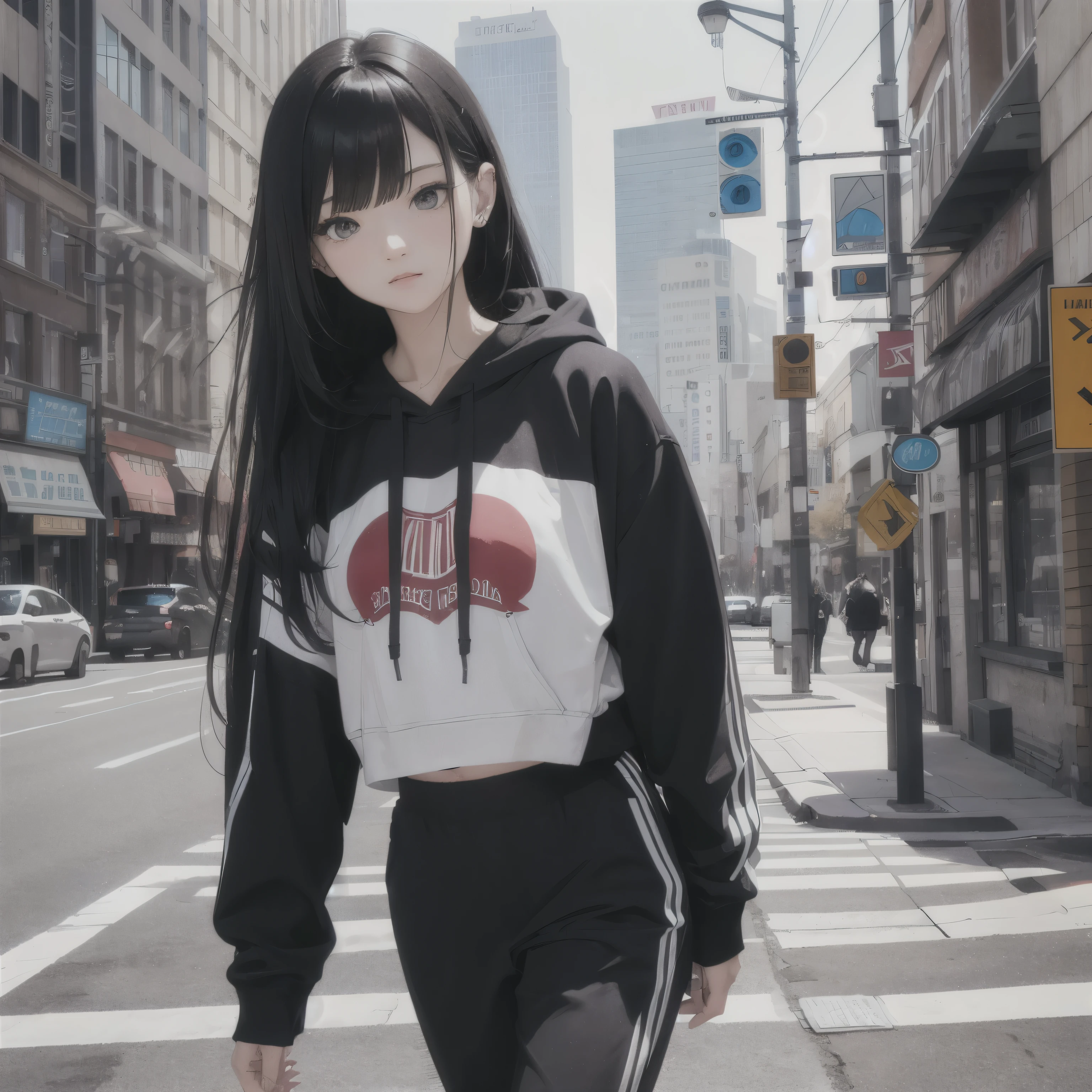 A beautiful and cute girl, long black hair, black and white hoodie, trousers, sneakers, decent attitude, tall, pretty
