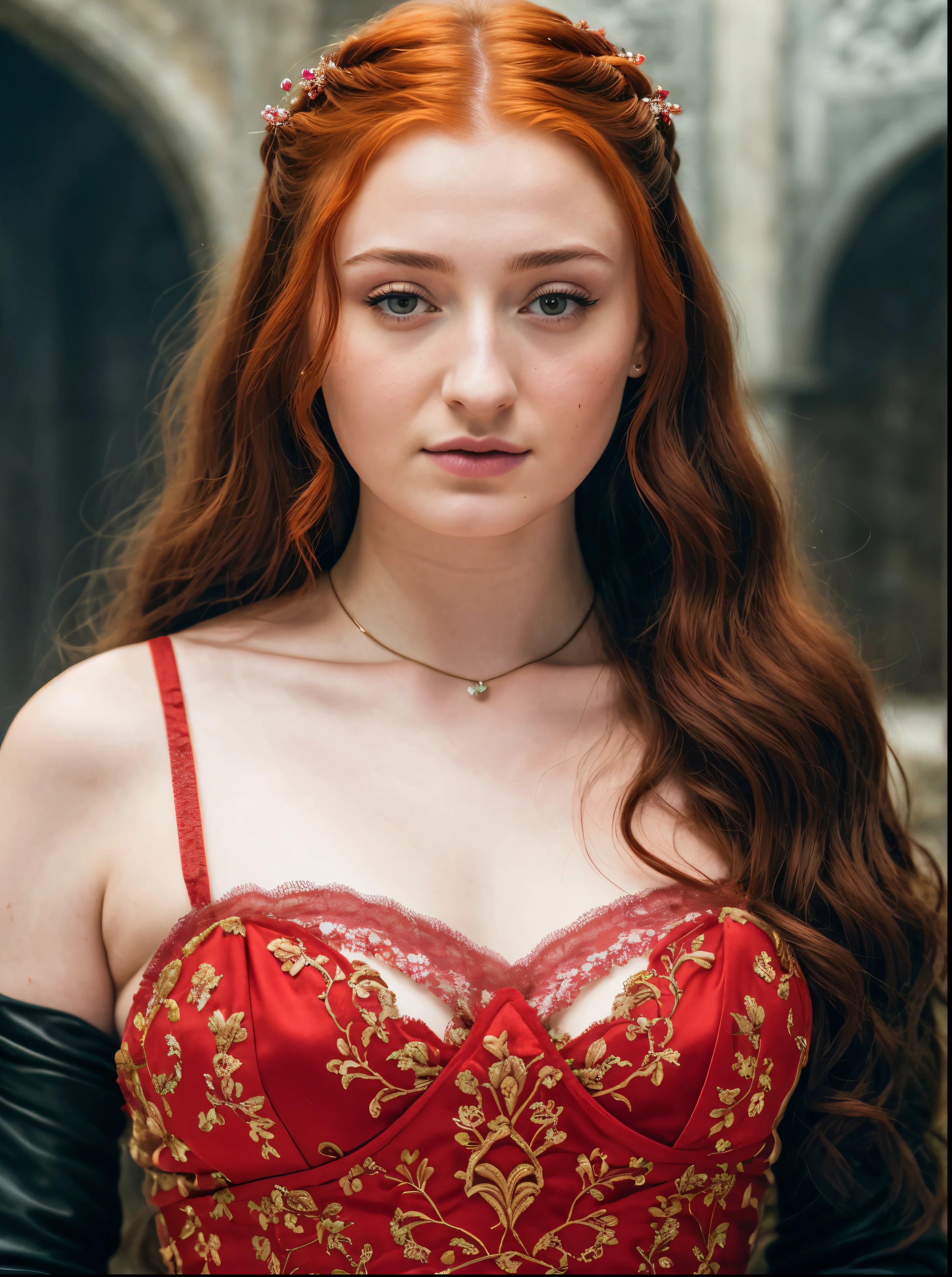 Foto RAW, Sansa Stark PLAYED BY SOPHIE TURNER Ned and Cat's oldest daughter. Demure and ladylike, her dream  to marry Prince Joffrey. Her direwolf  named Lady , Game of Thrones Series, (pele altamente detalhada: 1.2), 8k UHD, DSLR, soft-lighting, alta qualidade, grain of film, Fujifilm XT3