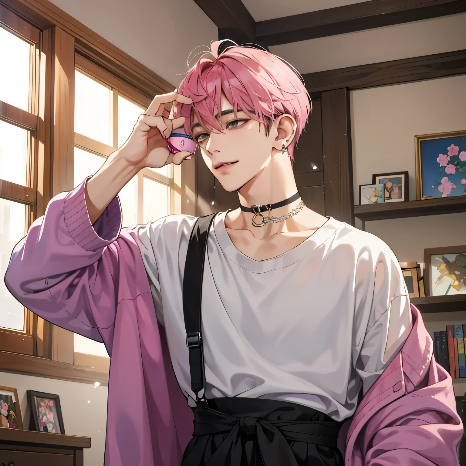 Guviz-style artwork, anime realism style, realistic anime art style, Inspired by Kim Taehyung, In an anime style, anime handsome man, dark pink hair、A sloppy smile、choker、Multiple piercings、Man with short hair、One man、gray eyes、room、暖かいroom、hold a hot drink in both hands、upward glance、Multiple piercings、Roomwear、upward glanceでこちらを見上げる、relaxed atmosphere、Inspired by Kim Taehyung、calm atmosphere