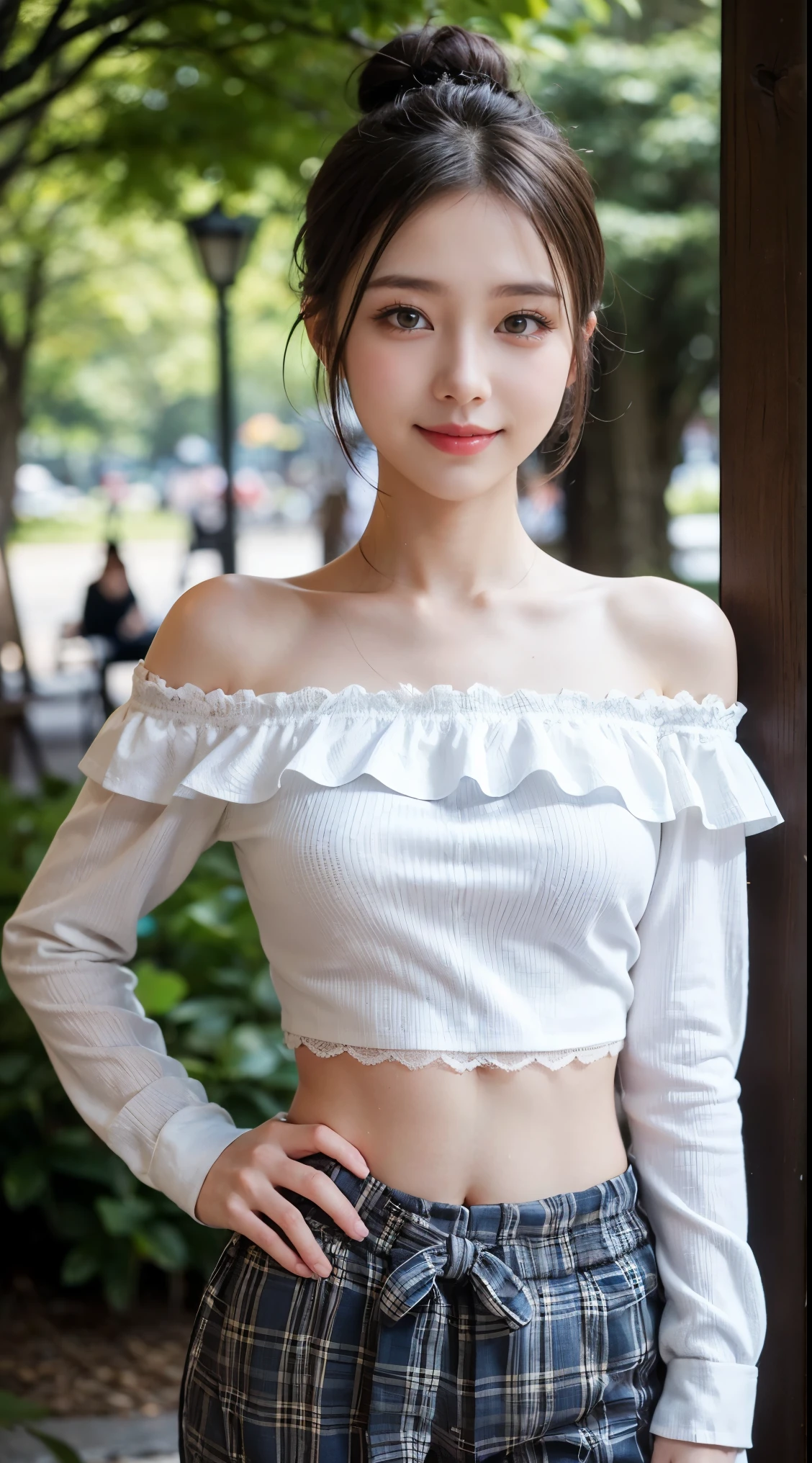 Highly detailed CG Unity 8K wallpaper, highest quality, super detailed, masterpiece, realistic, photo realistic, Highly detailed cute girl, 27 years old, (skirt lift), ((skirt lift by myself)), (((I don't wear panties.))) , blush, parted lips, looking at the viewer , half body shot , wearing an open off-shoulder shirt((No bra)), (crowd), (crowded park) , short hair,detailed female genitalia,Dense pubic hair