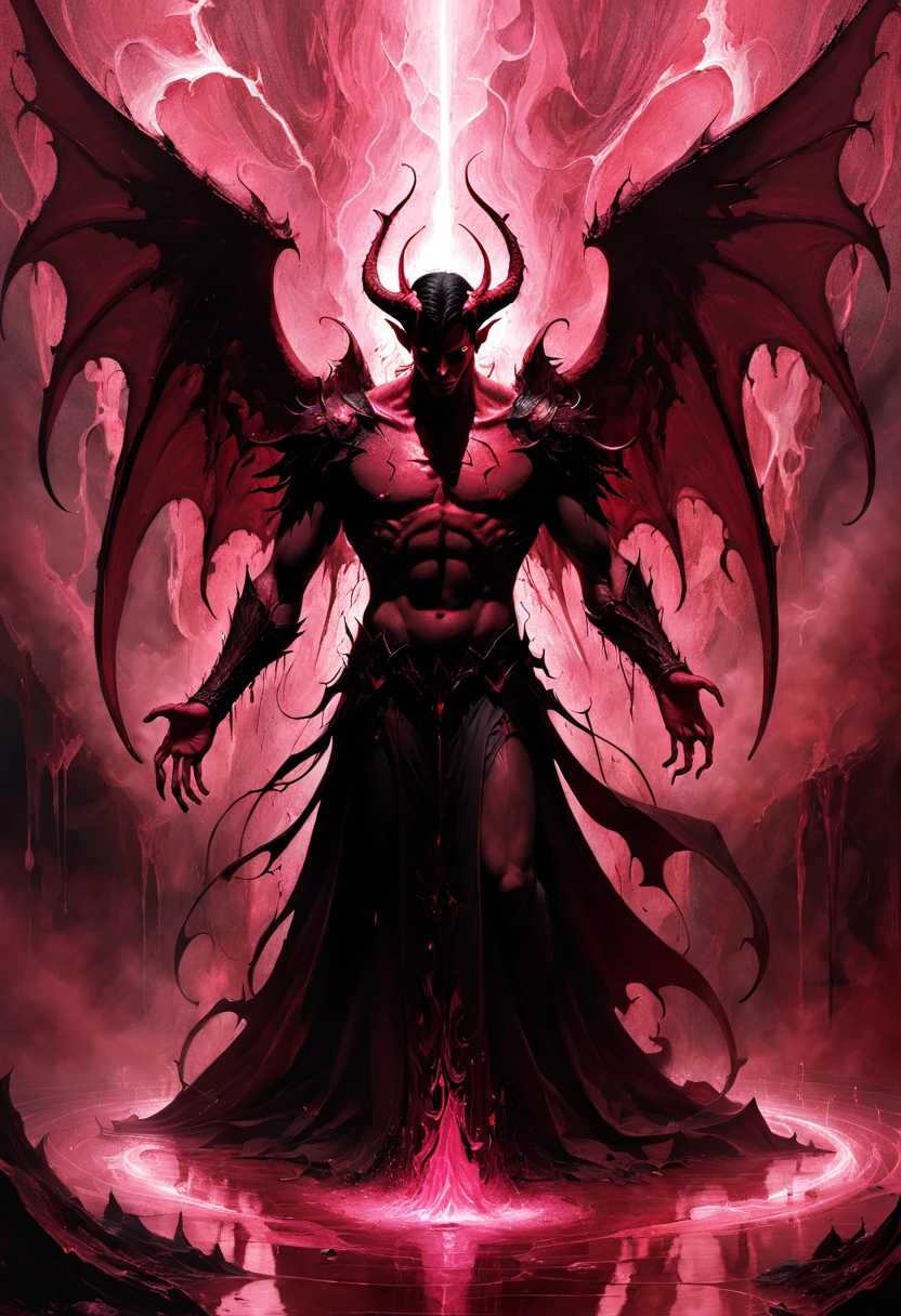 In the shattered depths of the Abstract & Conceptual realm of despair, Lucifer emerges from a shimmering pool of brimstone tears, the shadows of torment surrounding him, his form an ethereal painting of deep reds, convening a palette of unending pain. His wings crushed by the weight of endless sorrow, the pink-tinged void BEHIND him a constant reminder of what lay beyond his grasp