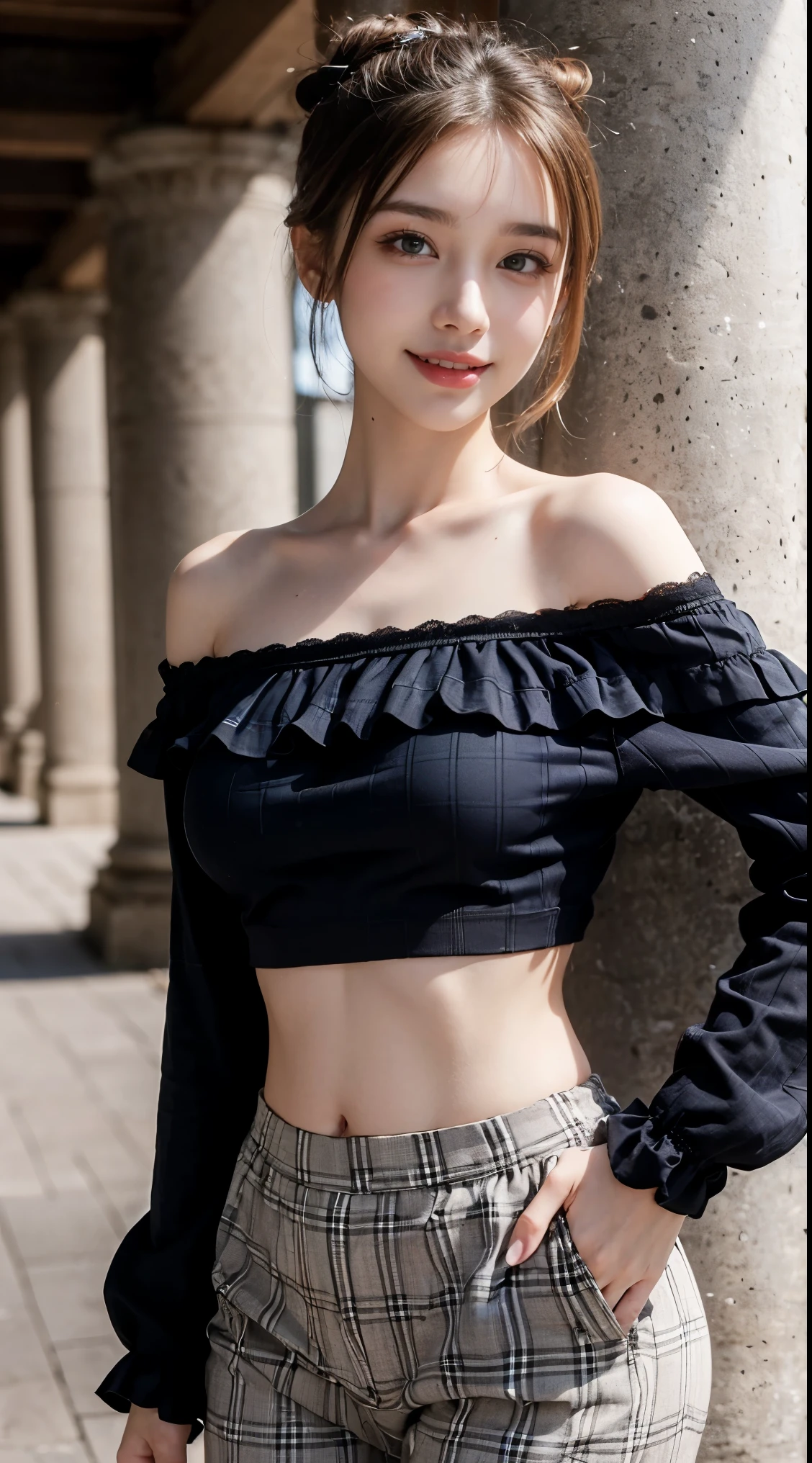 Masterpiece, Best Quality, Very Detailed, 8k, Photorealistic, soft focus, beautiful detailed eyes, detailed face, double eyelid, 1girl, solo, beautiful skin, real human skin, beautiful girl, Japanese idol, cute girl, (single hair bun:1.3), A beautiful girl standing a pillar, beautiful cleavage, (White lace Off-shoulder ruffle trim blouse, long sleeve casual crop top:1.3), BREAK, (wide-leg plaid pants:1.4), BREAK, (Black kneehighs:1.1), charming smile, sexy lips, moist lips, double eyelids, Black and french braid, Half-body, close-up shot, maiden in love, a lustful smile, happiness smile,20 years old beautiful girl, one hand on hip,NSFW