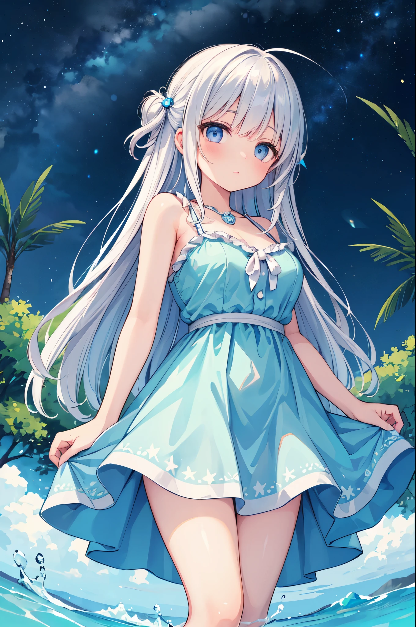 （masterpiece）、(highest quality)、((Super detailed))、(super delicate)、cute、Pastel colors hair、beautiful breasts、Gorgeous、Fantastic forest and starry sky、Golden, silver, and deep blue dress、look up from below