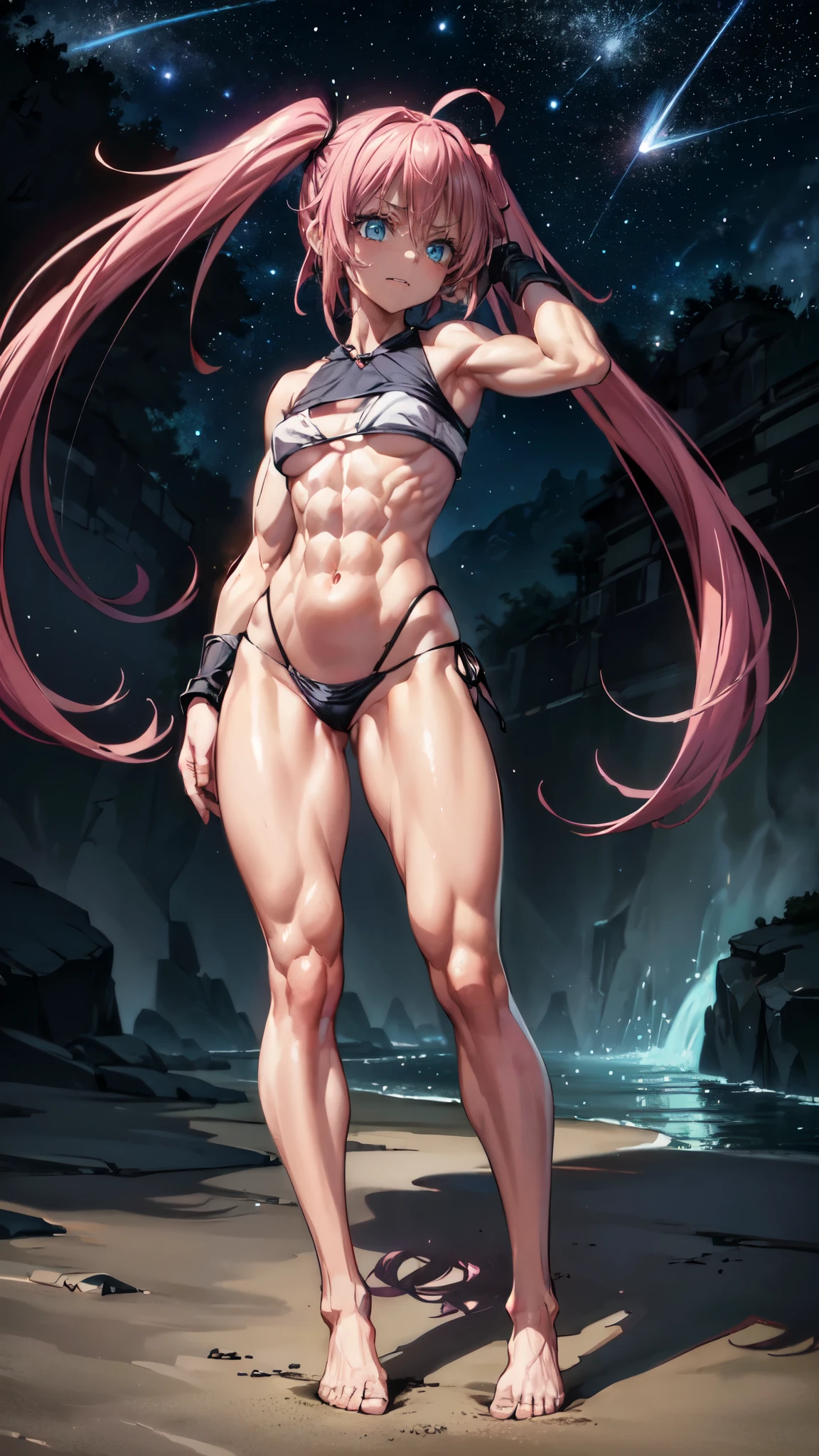 (((1 girl))), medium breasts, (((wearing short bikini))), (long pink hair), (((blue eyes))), slim arms, (on the beach at night with starry sky and blood full moon), (slim waist), (((muscular legs))), muscular belly, barefoot, showing his big ass to me, (((full body photo))), (twintails), long eyes, reflection ocular, bad mood, anime, anime style, ray tracing, glare, drop shadow, Panorama, Sony FE, 8k, UDisk, artwork, accurate, anatomically correct, super detail, best quality, Ultra high resolution, Hard Udisk, 16k