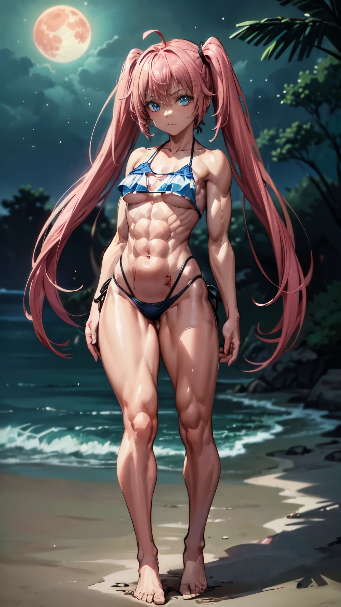 (((1 girl))), medium breasts, (((wearing short bikini))), (long pink hair), (((blue eyes))), slim arms, (on the beach at night with starry sky and blood full moon), (slim waist), (((muscular legs))), muscular belly, barefoot, showing his big ass to me, (((full body photo))), (twintails), long eyes, reflection ocular, bad mood, anime, anime style, ray tracing, glare, drop shadow, Panorama, Sony FE, 8k, UDisk, artwork, accurate, anatomically correct, super detail, best quality, Ultra high resolution, Hard Udisk, 16k
