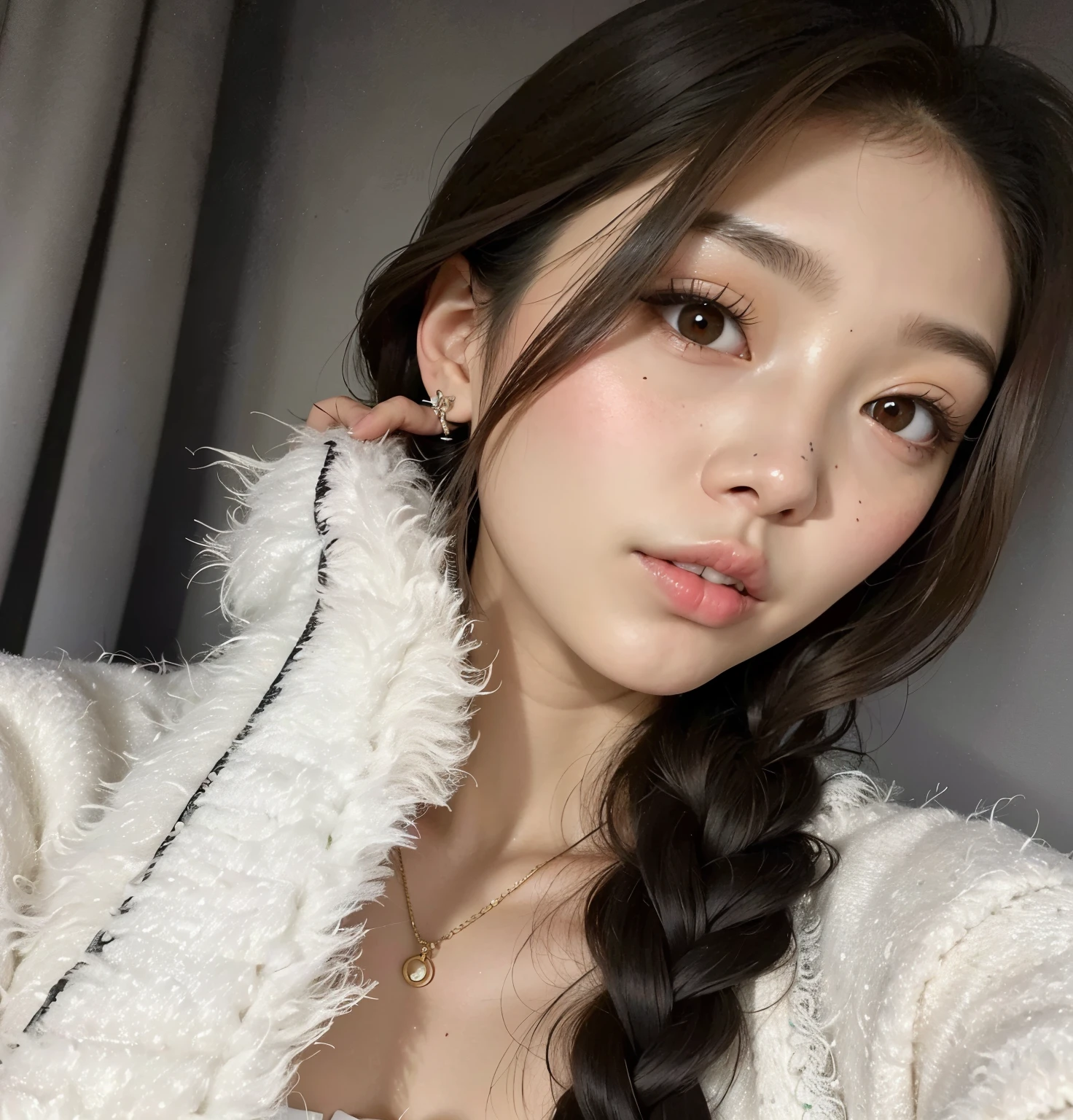 A closeup of a woman with long hair wearing a white sweater, Heonhwa Choe, linda jovem coreana, linda mulher sul-coreana, Lee Ji-eun, Lee Ji-eun, linda jovem coreana, estacionar a partir de-min, Jinyoung Shin, jaeyeon nam, Ulzzang, coreana, maquiagem coreana popular, tzuyu de duas vezes