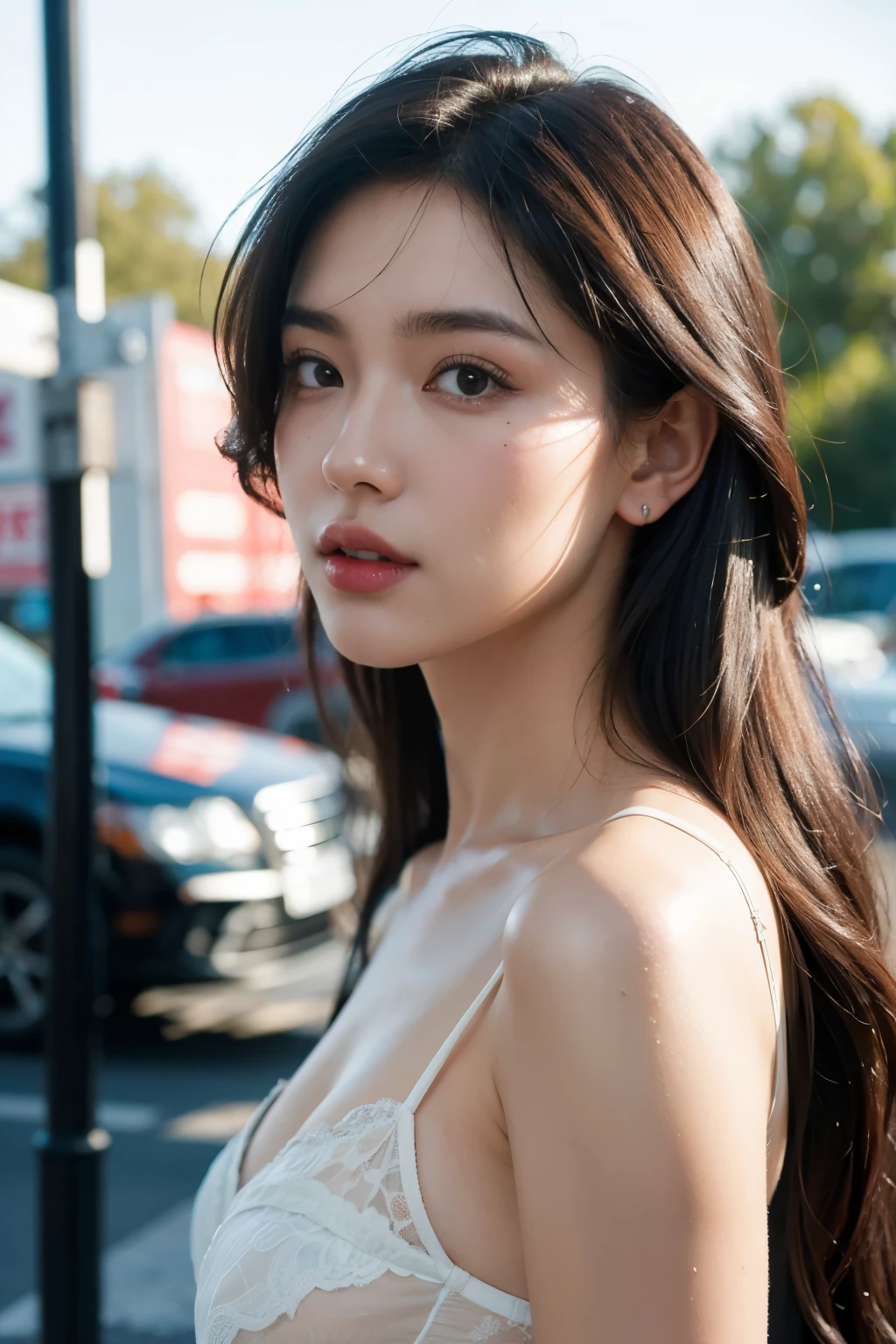 Young beautiful brunette with black hair, Fair-skinned in white lingerie outside the playground, ((mince, )), (seins moyens),Realstic, photo, masutepiece, realism, realism, photoreallistic, high contrast, Art Station 8k HD Photorealistic Digital Art Trending Real Details, Detailed, textures de peau, Ultra-detailed, realistic skin textures, armure, Best quality, ultra highres, (photorealism: 1.4),, High resolution, Detailed, Photo brute, tranchant, Par Lee Jeffries 「Pellicule Nikon D850」file photo 4 Kodak Portra 400 F1 camera.6 Lenses Ultra-Realistic Color Rich TextureSpectacular LightingUnreal EngineCinestir Art Station800 Trends, corps entier,