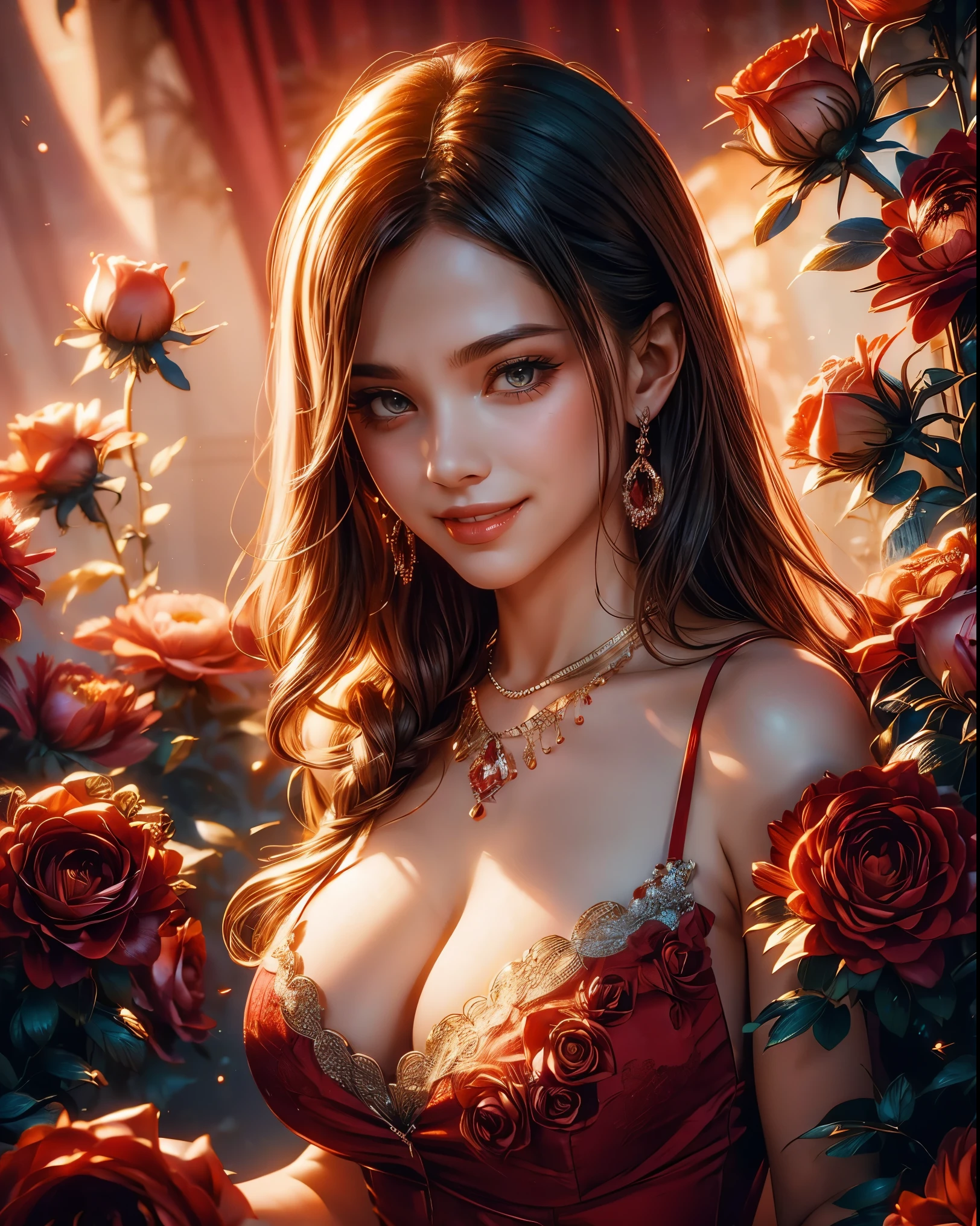 a woman in a red dress, holding red roses, front view, red roses, derevschikova, alexis flower, huge breasts, cleavage, smiley face, smile on face, roses background, beautiful sexy woman photo, in red rose background, on a red background, female model, roses, with a beautifull smile.