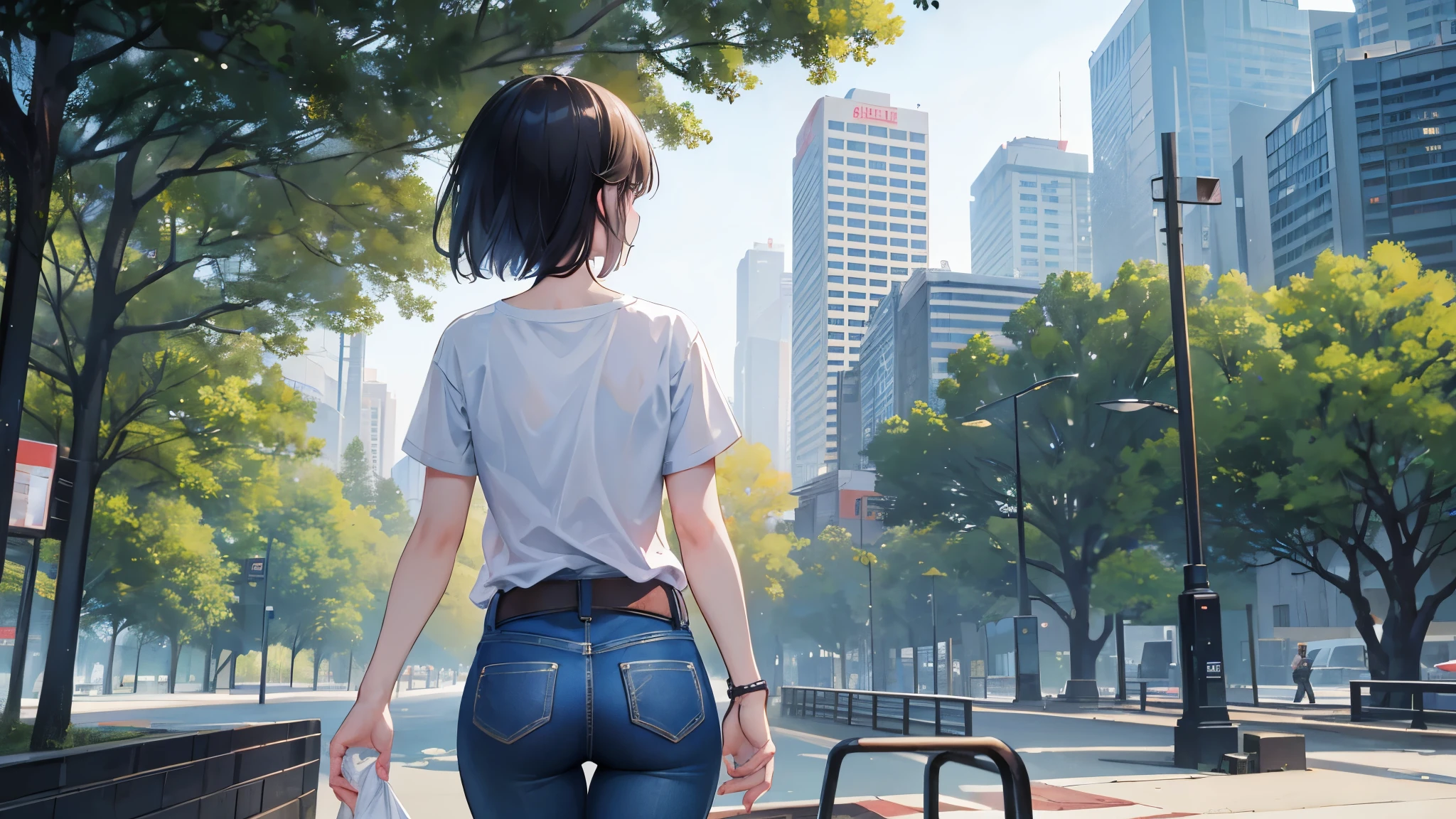 A park in an urban gap. An Asian woman dressed casually in a white T-shirt and boyish jeans sits, cinematic lighting, ray tracing, depth of field, vanishing point, atmospheric perspective, Hasselblad, from behind, UHD, retina, masterpiece, anatomically correct, ccurate, textured skin, super detail, high quality, best quality, highres, award winning, 16k, 8k