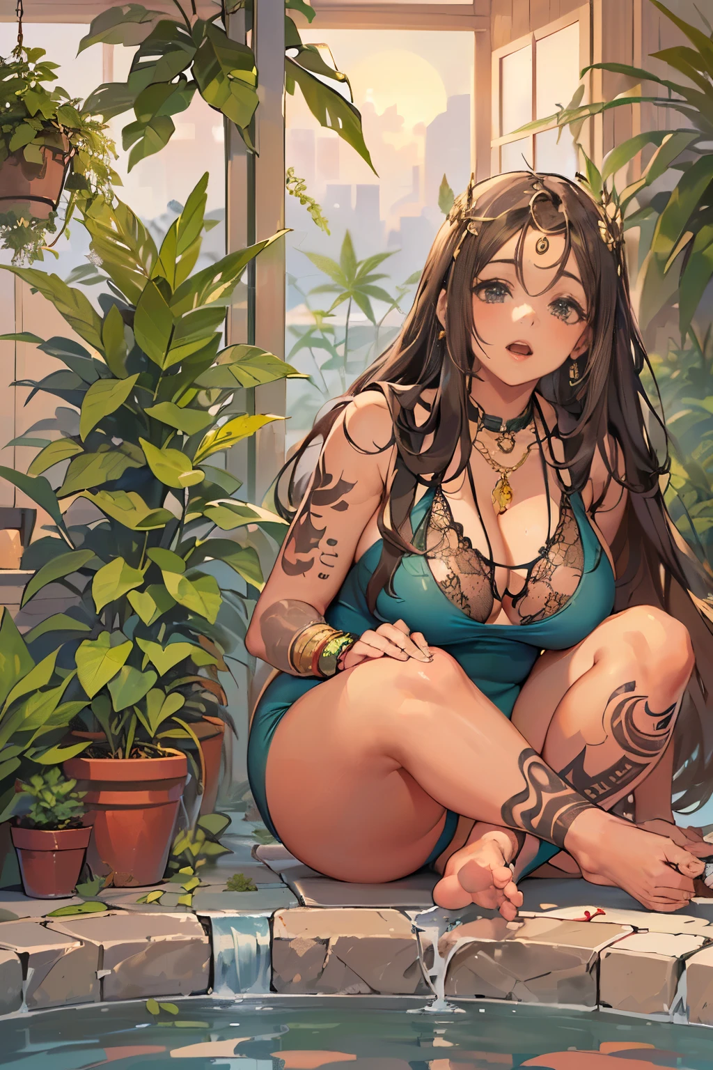((joyful ((chubby ((Iraqi)) girl)) with very long hair sitting poolside while peacefully observing the sunrise, (wearing detailed sheer emerald-green swimsuit), (wearing antique lace necklace), (cannabis flower tattoos on arms and legs), plump legs spread apart, high quality photo, sitting quietly poolside (with many potted plants surrounding pool during foggy sunrise) and many birds in the sky