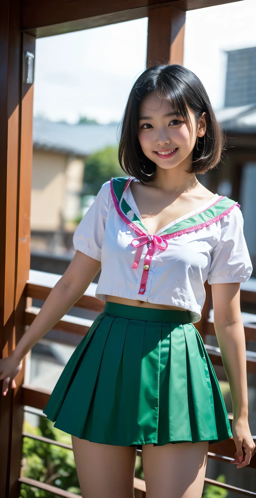 (8K、Raw photography、highest quality、masterpiece:1.2),(black haired、very short hair:1.7),show viewer,Looking at the front,(super sentai series、She is wearing a green Precure costume.:1.6)、(Clothing that emphasizes the shape of your chest:1.4)、(big breasts :1.2)、slim body shape、ultra high resolution,beautiful,beautiful fece,(alone, alone、no background:1.9),whole bodyボディー,、(black eye、japanese woman: 1.3),(Photoreal:1.37)、photon mapping,reality、(Cute with a baby face: 1.1)、(cute smile: 1.7)、(With a round face: 1.8)、radio city、Physically based rendering、depth of field rally background、photograph, (I can see your knees,close up of thighs、skirt is too short、spread your legs、showing off white panties:1.4),whole body、super fine
