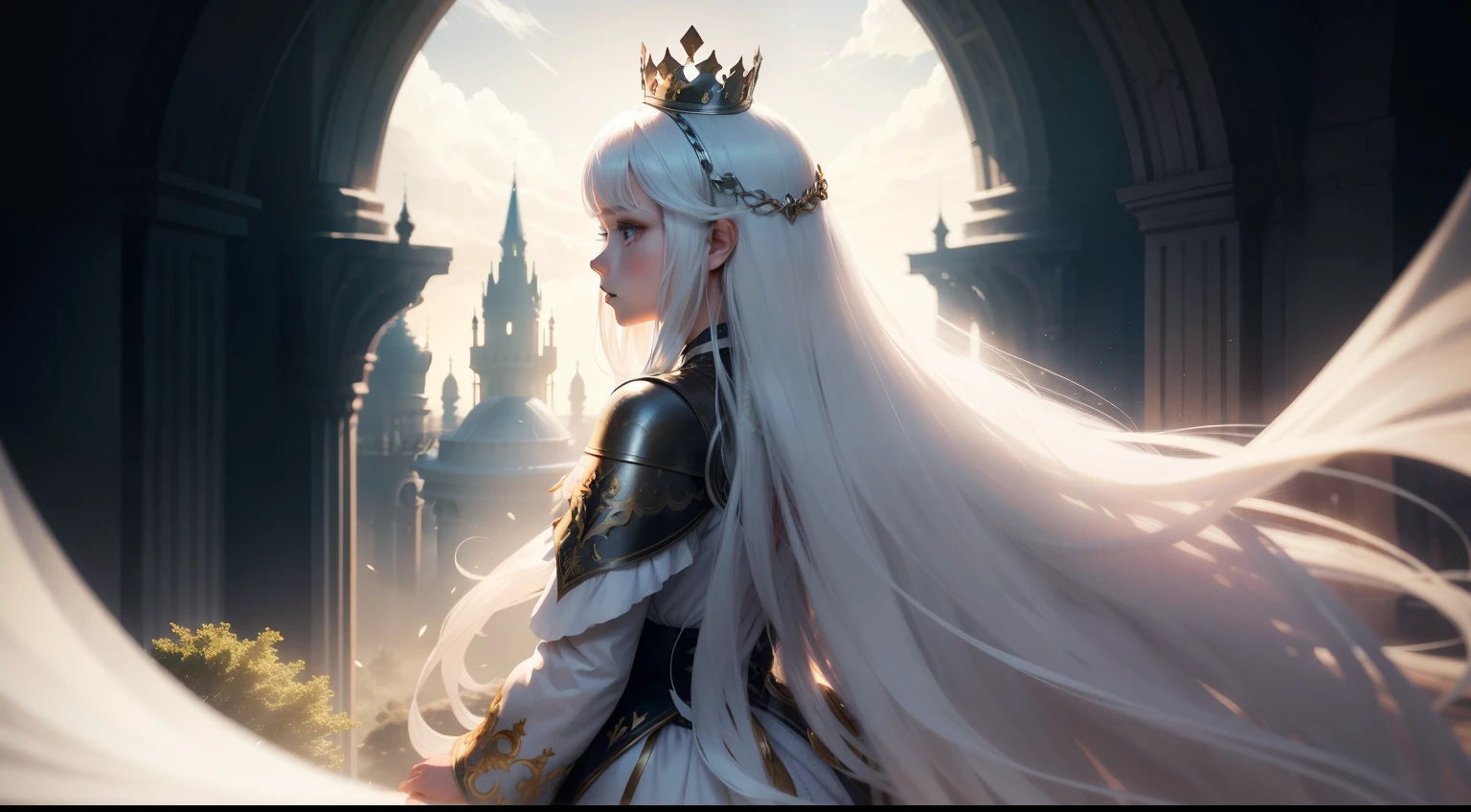 1girl,solo,(beutiful light shadow),hair white,crown queen hair,magic,view behind,a world of light and shadow,fantasy,kingdom