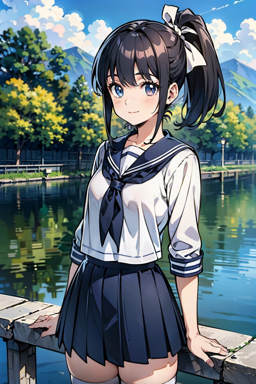 Body 8 times longer than head, (High-definition CG Unity 8K), (highest quality)，(very detailed)，(ultra high resolution), black hair, High school girl wearing a navy sailor suit, anime 2d rendering, realistic young anime , ((white headband)), small breasts, tall, slanted eyes, (school scenery), black stockings, during the day, open your mouth a little, smile, Dark blue skirt, ponytail tied with white ribbon,  