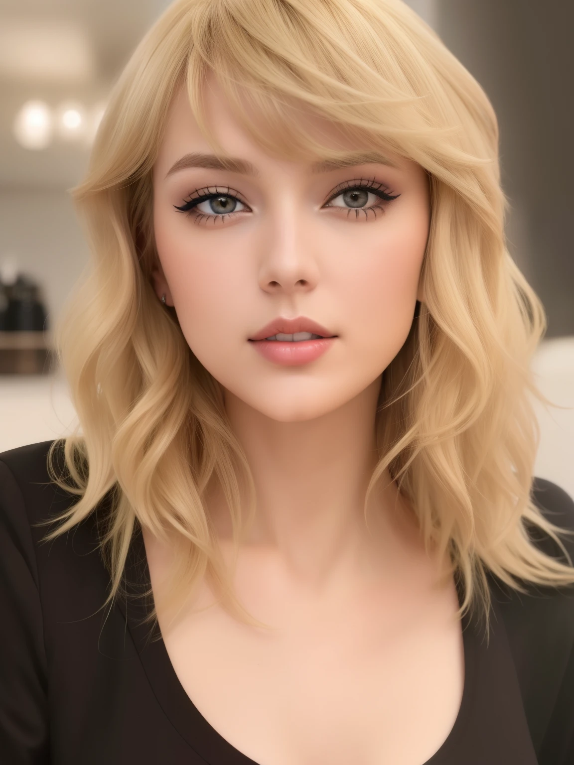Arafed woman with blonde hair and black shirt looking at camera., portrait photo of taylor .swift, ,  face, photograph of , retrato de , taken in the early 2020s, con flequillo, .swift, headshot foto de perfil, flequillo de cortina, flequillo y cabello ondulado, imagen de perfil, foto de perfil, imagen filtrada, flequillo rizado