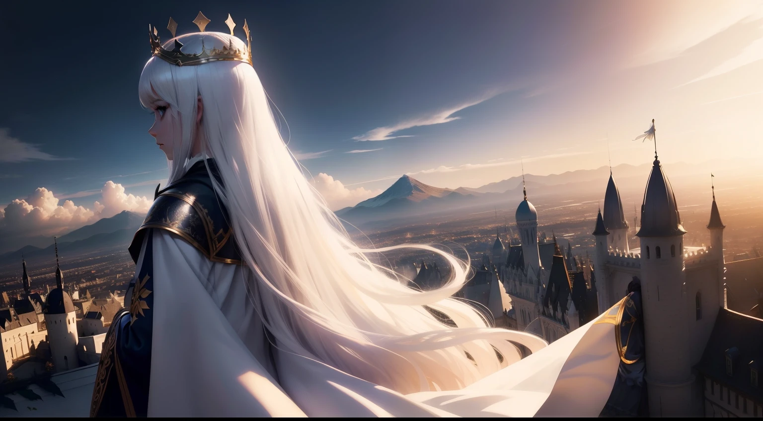 1girl,solo,(beutiful light shadow),hair white,crown queen hair,god cape,magic,view behind,a world of light and shadow,fantasy,kingdom