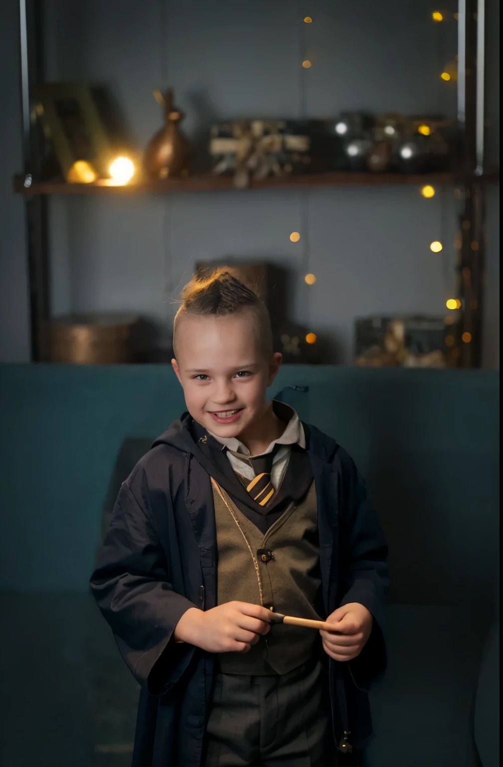 **********, about ten years old, in a Harry Potter costume, standing with a magic wand, realistic clothes, image of a wizard