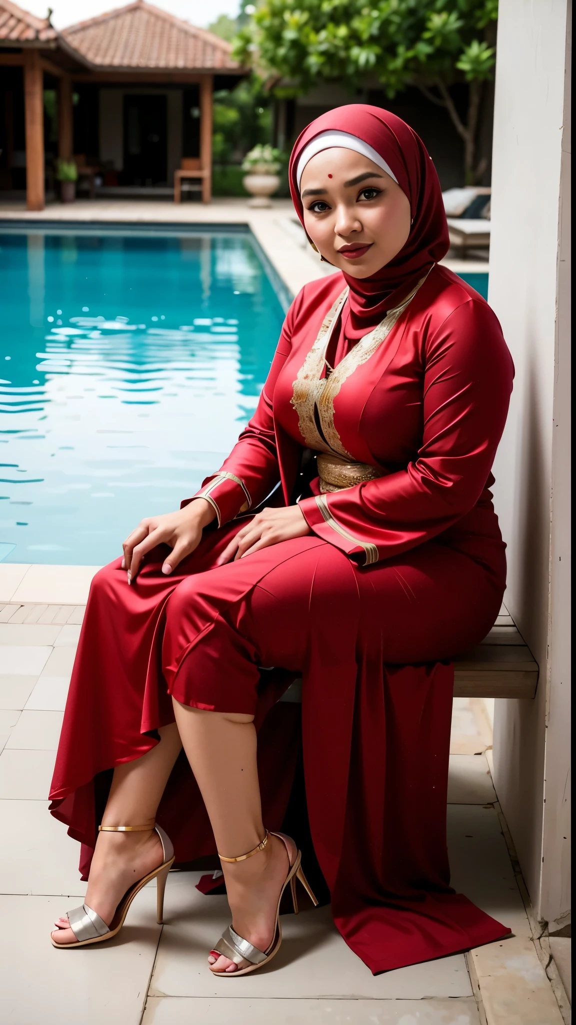 RAW, Best quality, high resolution, Masterpiece: 1.3, Indonesian woman hijab Muslim, (30 years),body slim, plump, wearing a white robe, dress, beautiful with pearl skinned Javanese hijabi wearing tribal slaves, heels, Masterpiece, Soft smile, sitting by the villa swimming pool
