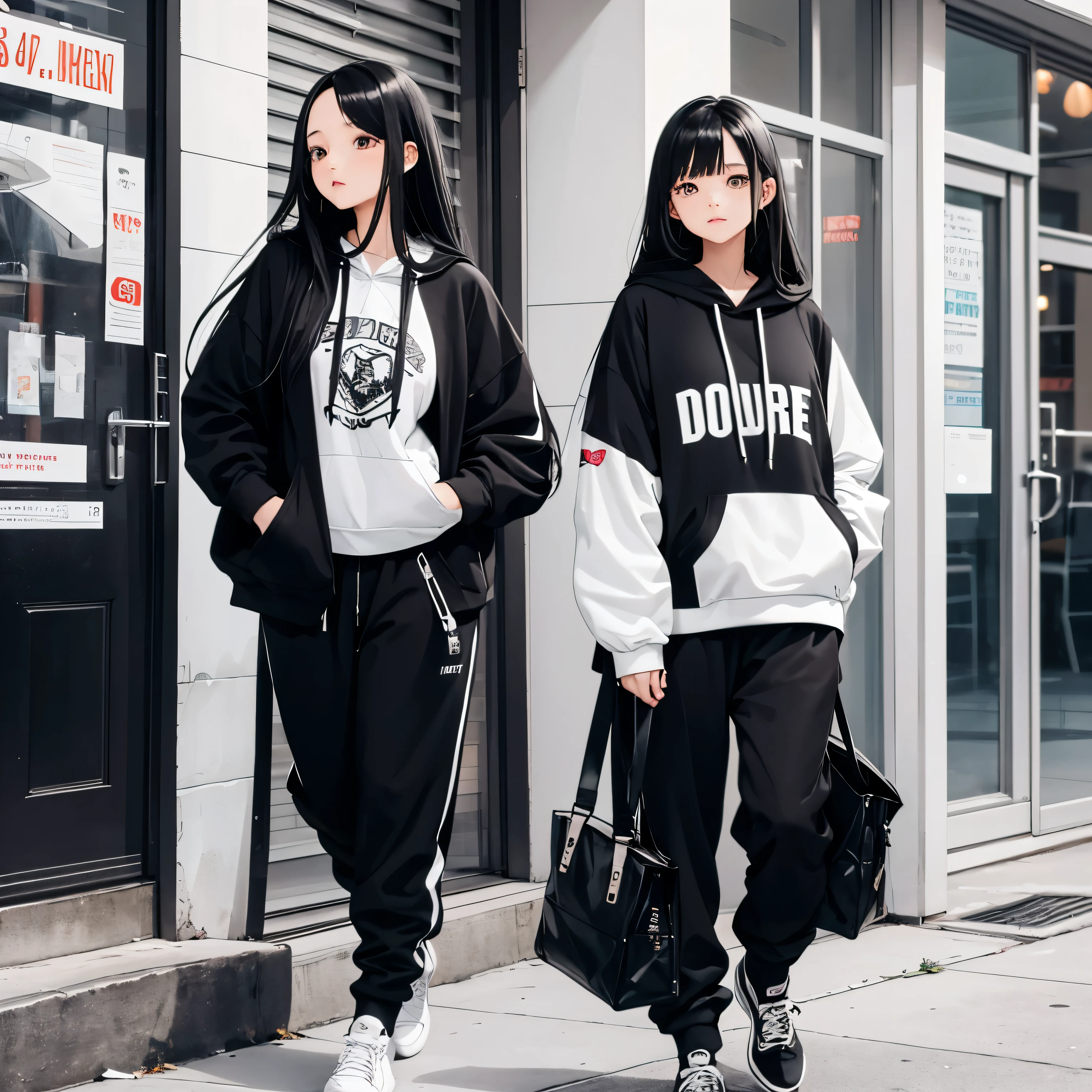 A beautiful and cute girl, long black hair, black and white hoodie, trousers, sneakers, decent attitude, tall, pretty