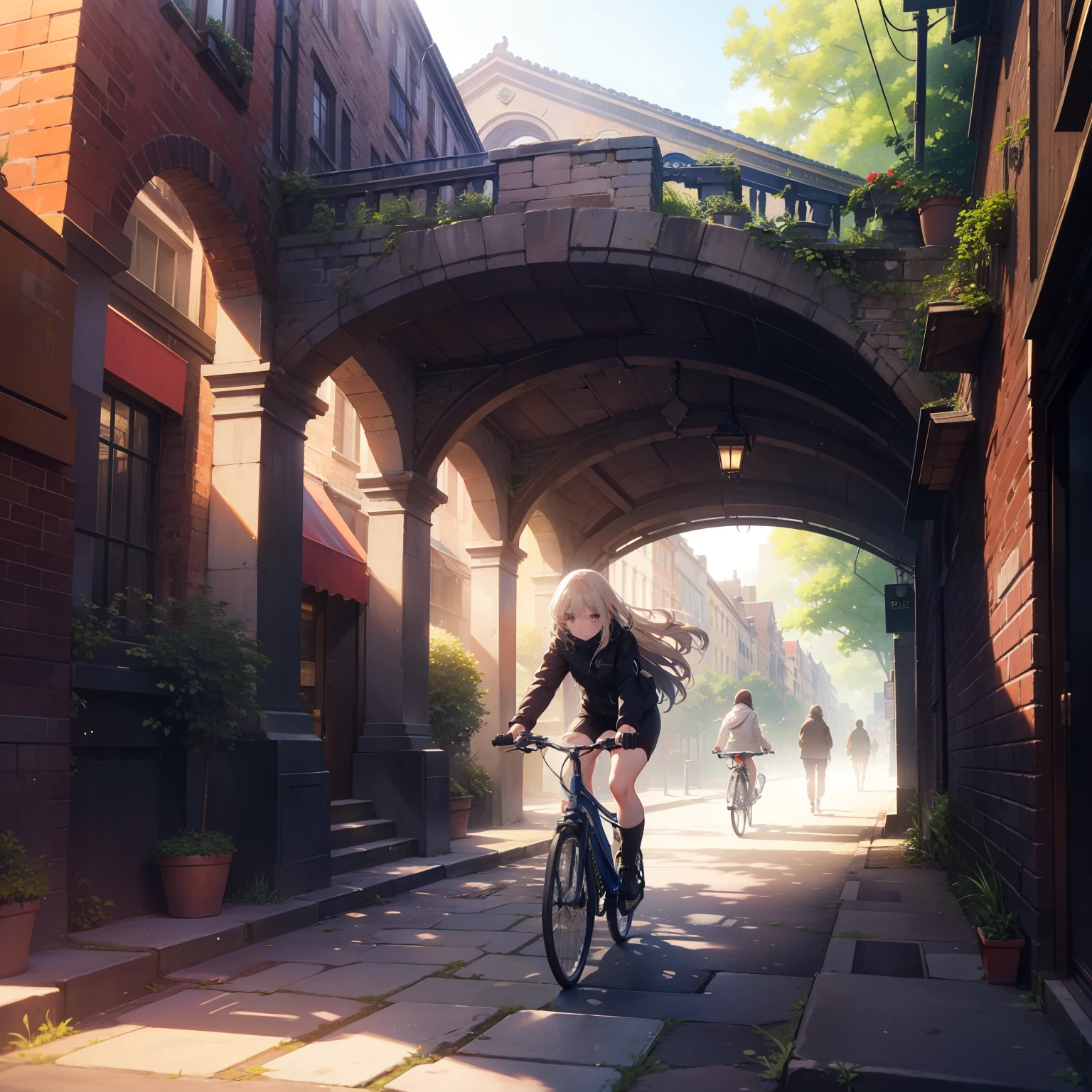 I was gliding effortlessly on my bicycle through the bustling heart of the metropolis, bathed in the soft, diffused light filtering through the grandiose buildings and lush foliage that surrounded me. The vibrant hues of the urban scenery enveloped me, painting an exquisite, lifelike tableau that dazzled my senses.
As the gentle wind played with my hair, I couldn't help but appreciate the intricate details of the environment that unfolded before me: the subtle texture of the bricks on the ancient walls, the delicate play of light and shadow on the cobblestone streets, and the diverse crowd of people, each with their