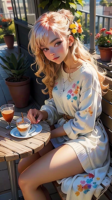 Digital painting of a beautiful girl sitting and drinking coffee on a bright morning on a balcony looking at a view with colorful flowers.