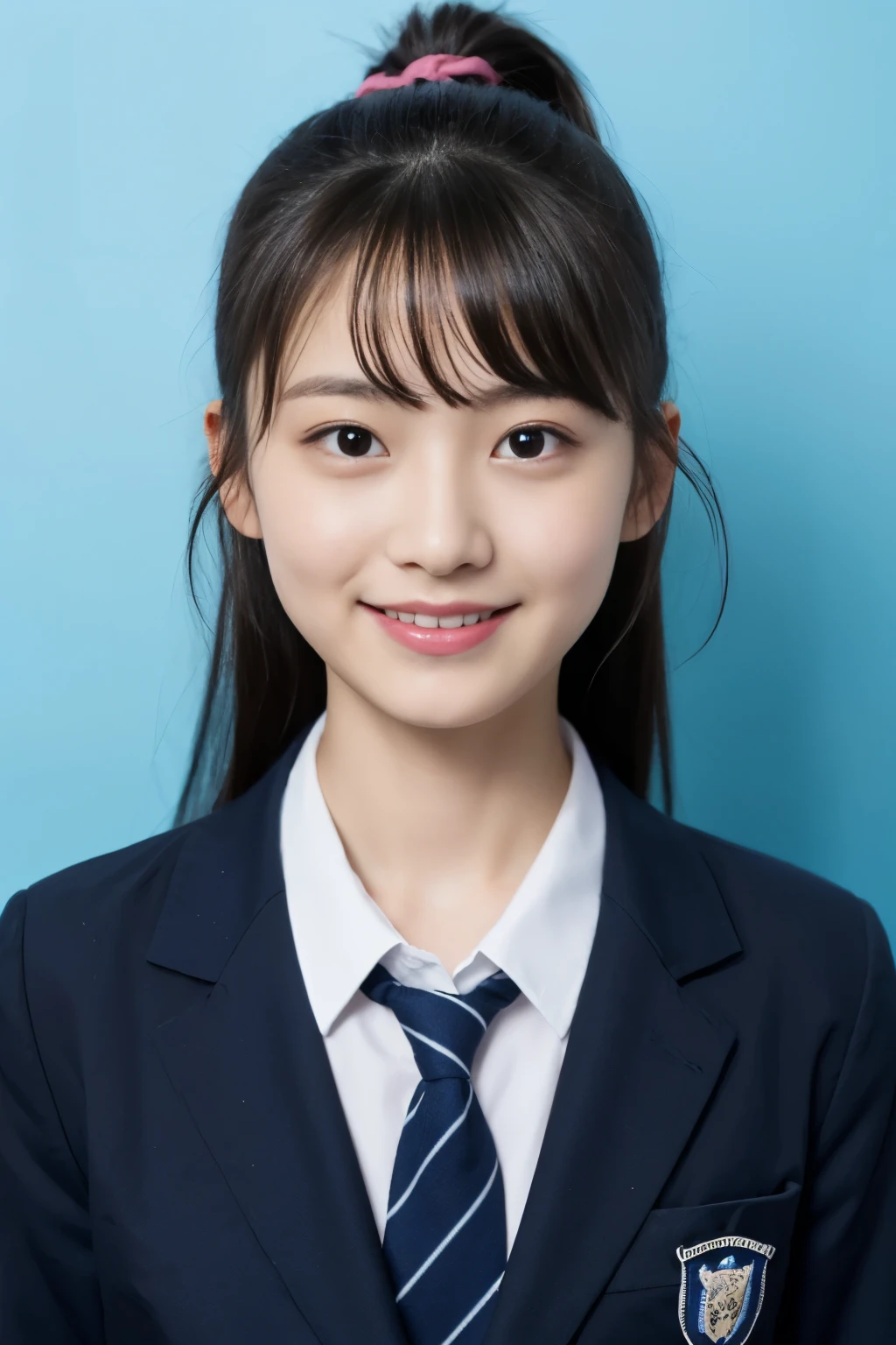 ((ID photo、face only))、(School Uniform Jacket、Detailed bra、black hair、real face)、cute japanese woman、、young girl、light blue background、Turn your body to the front、smile、blank space above the head